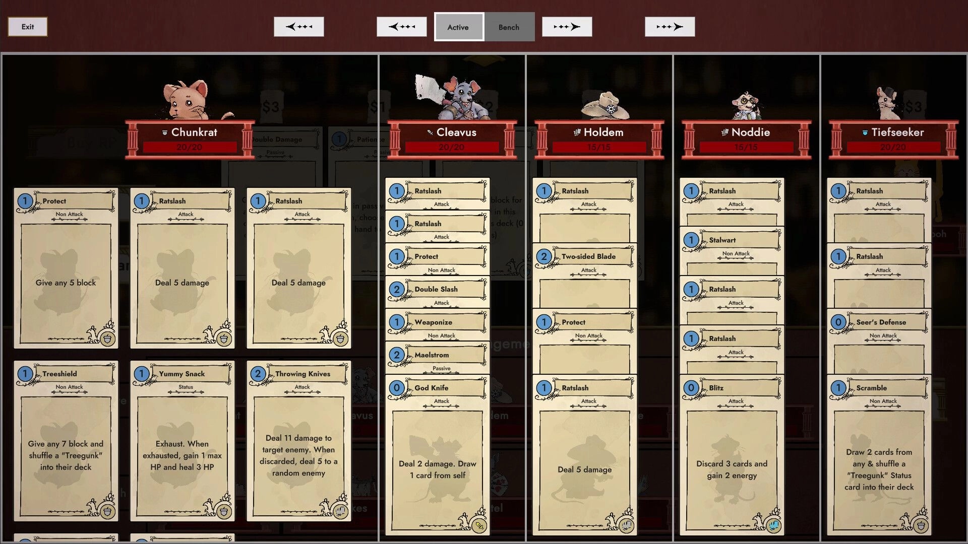Paccarat: Character deck overview with five distinct rat characters and various card abilities displayed