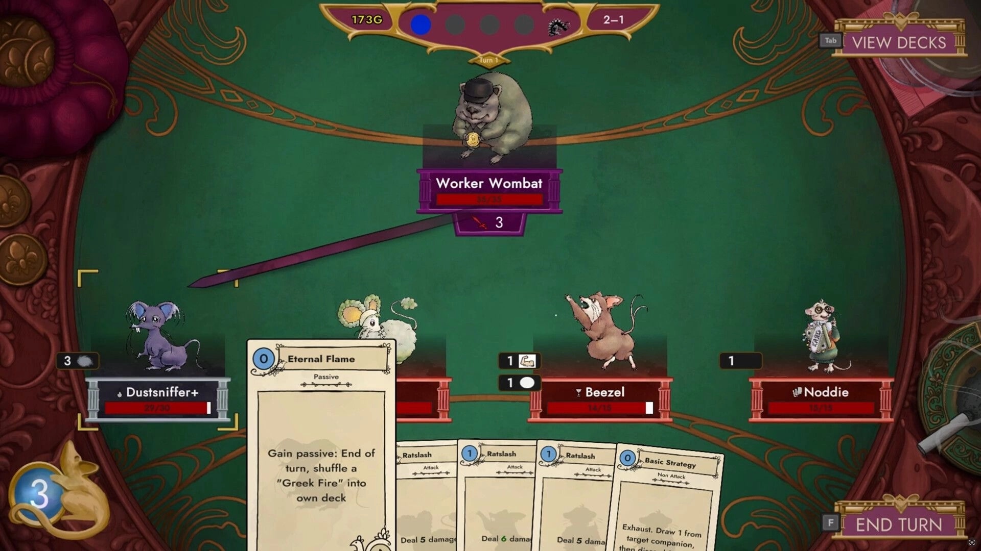 Paccarat: Combat with Worker Wombat and rat team, displaying cards and health bars in a green arena.