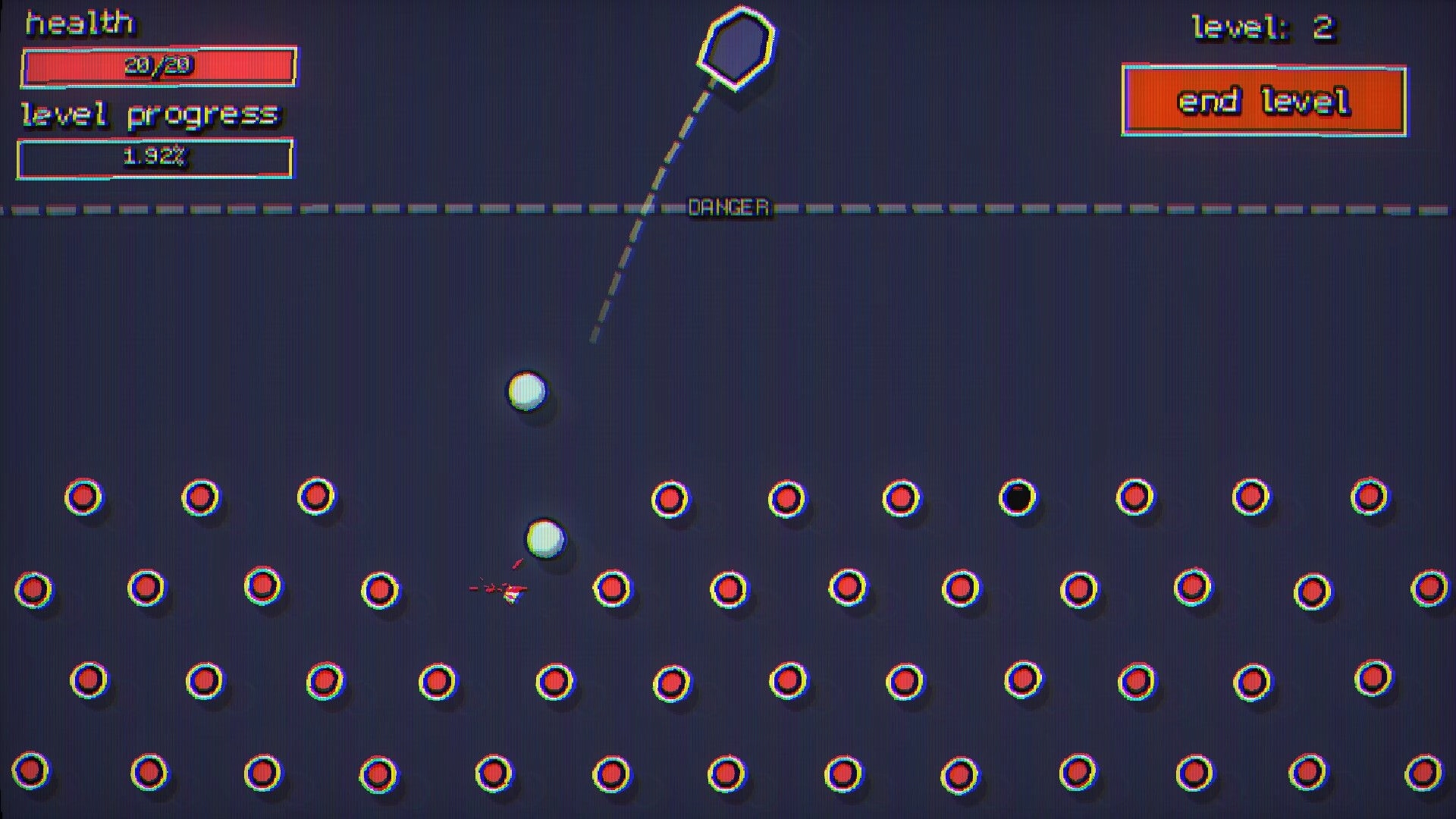 Pachincro: Ball drops through peg-filled board, health and level 2 progress displayed on screen.
