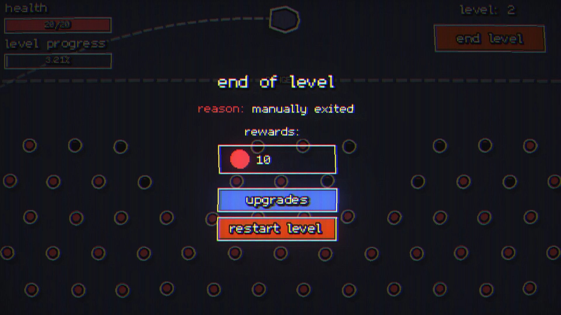 Pachincro: End level screen showing health, rewards, and options to upgrade or restart in dark theme.