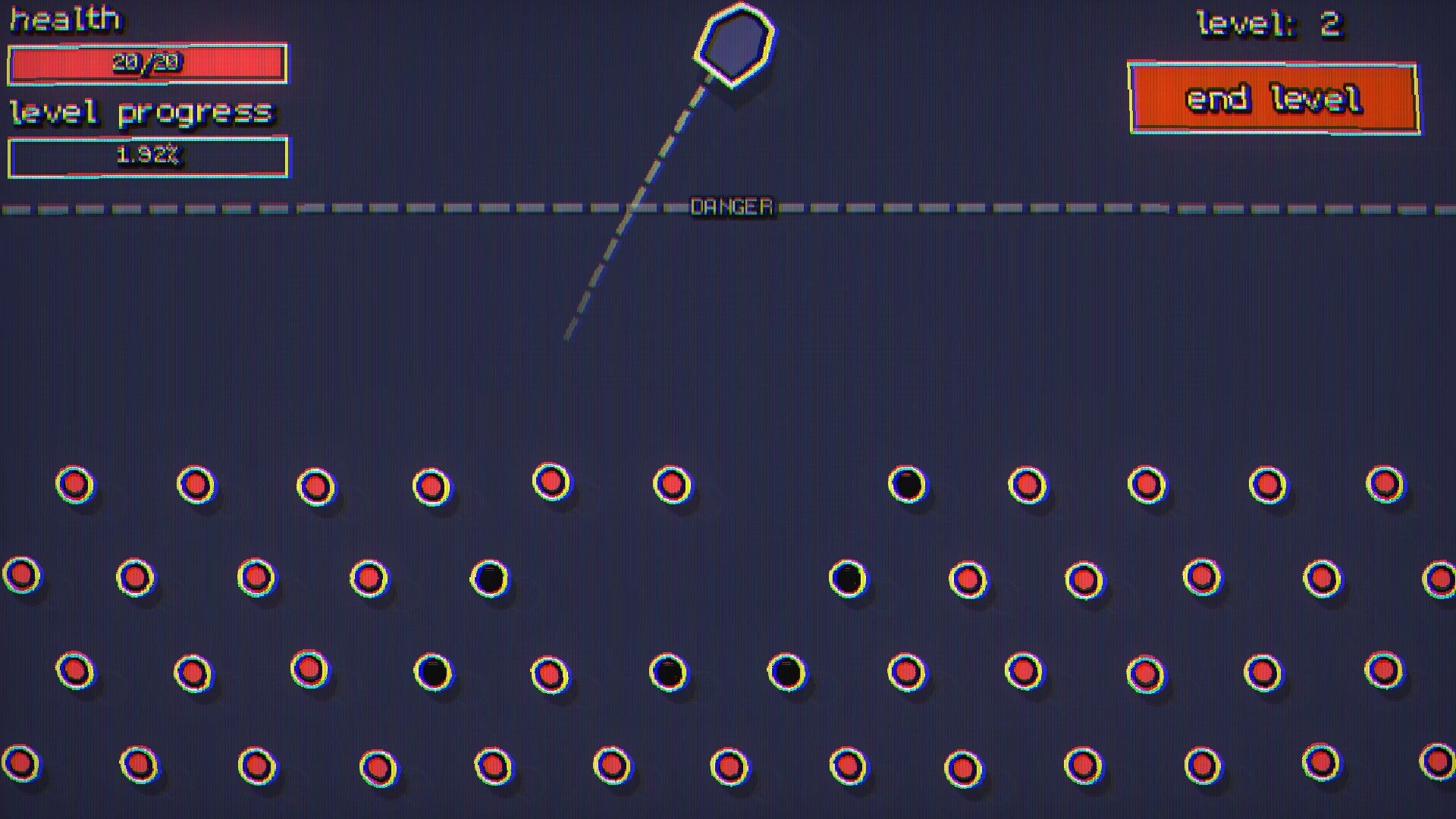 Pachincro: Ball dropping into pachinko board with health bar and level progress at top of screen