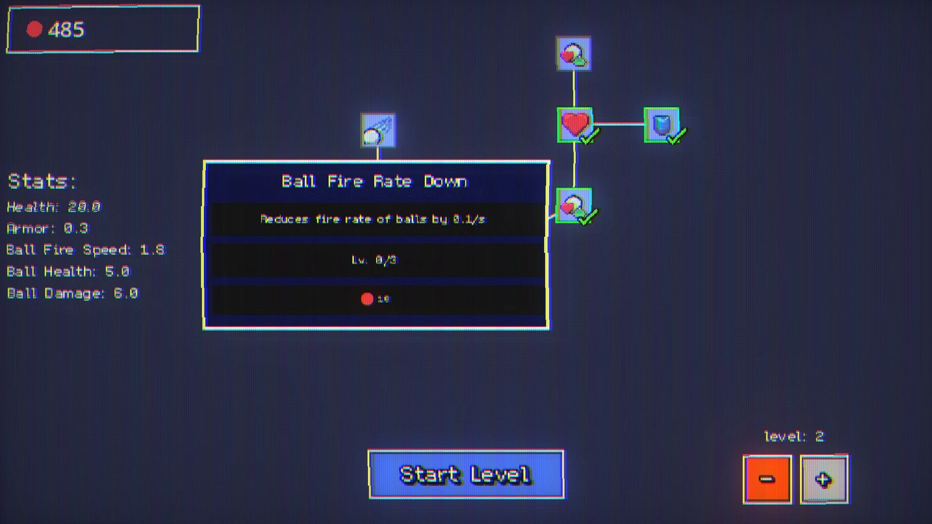 Pachincro: Skill tree interface with ball fire rate upgrade option, stats display, and start level button.