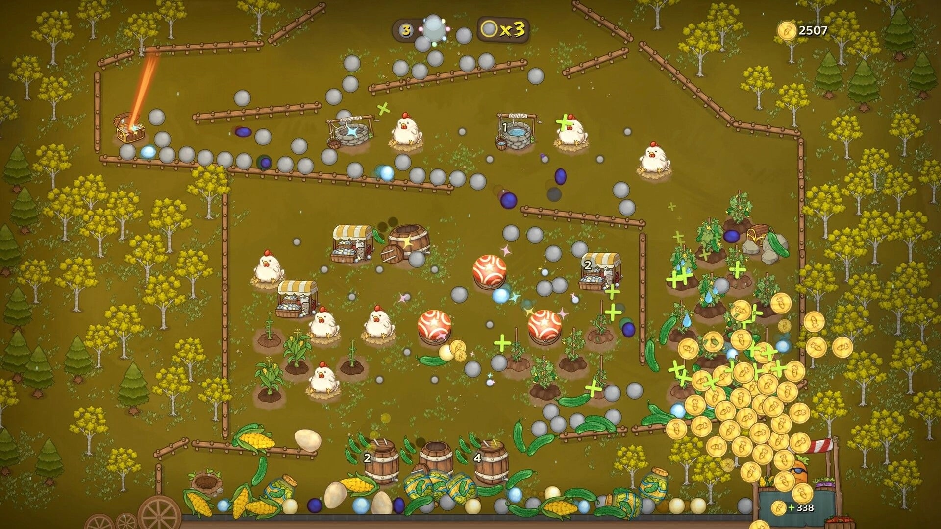 Pachinko Farm: Balls bounce through wooden rails past chickens and crops, coins pile up on right side.