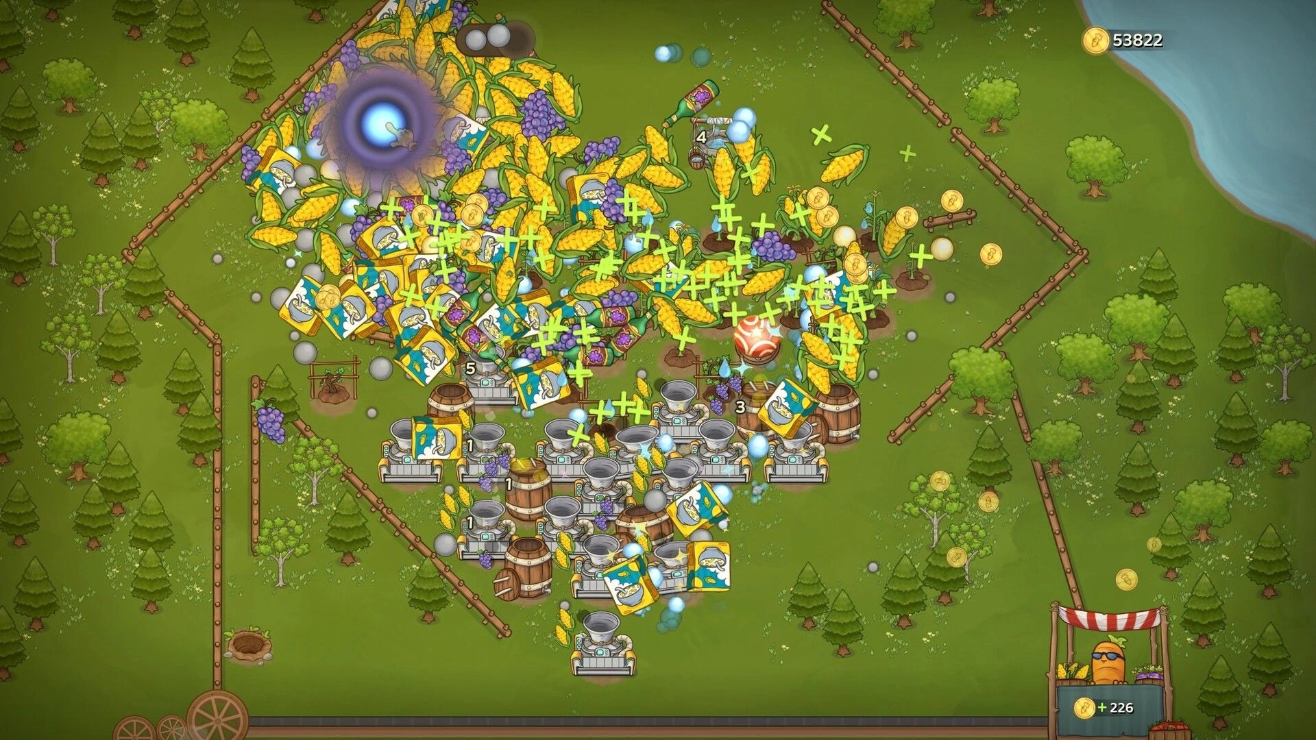 Pachinko Farm: Balls trigger corn and grapes, coins and plus signs over machines in fenced field UI.