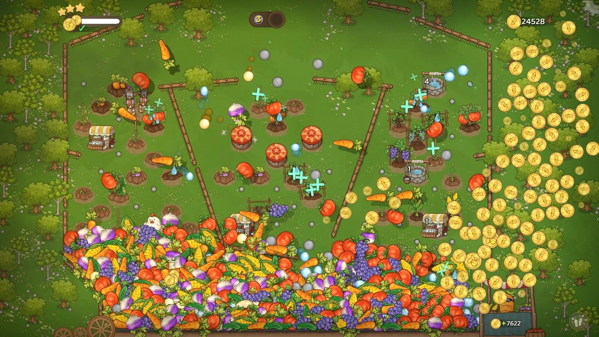 Pachinko Farm: Produce and coins bouncing through pegs and bumpers on a cluttered green farm board.
