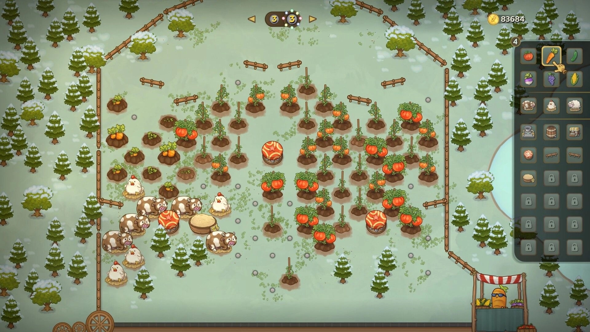 Pachinko Farm: Snowy farm pachinko board with crops, cows, chickens, and right-side inventory UI.