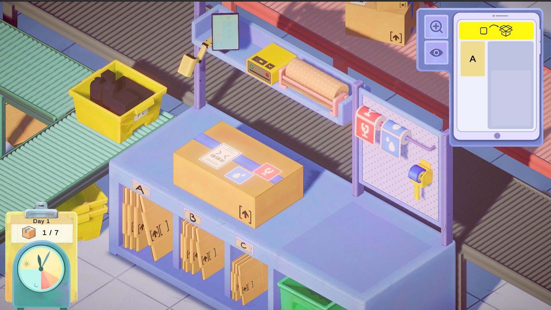 Packing Life: Warehouse packing station with conveyor belt, clipboard, and order management tablet.