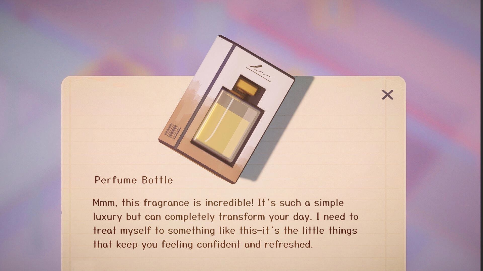 Packing Life: Close-up of a perfume bottle package with descriptive text on a soft gradient background