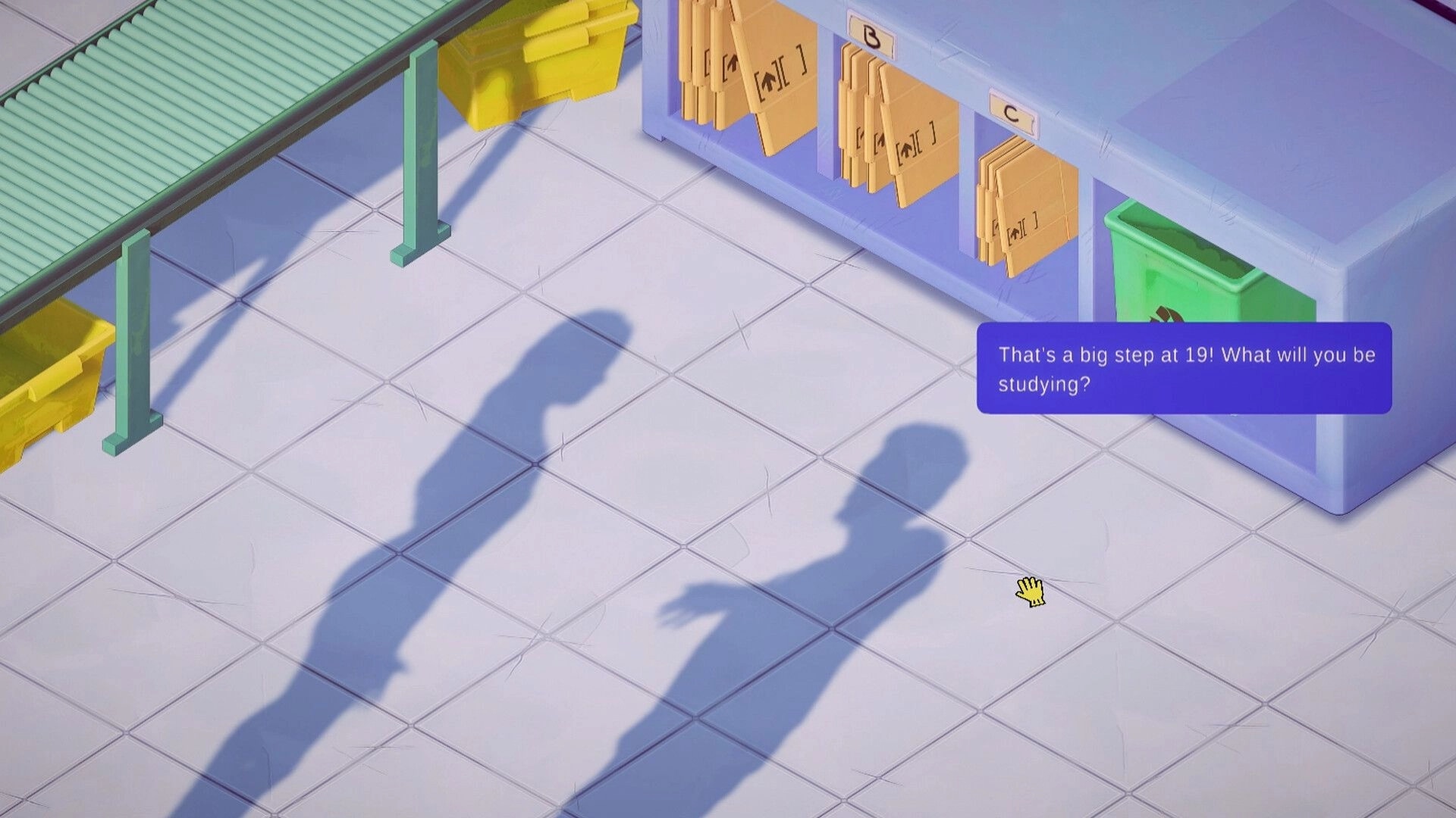 Packing Life: Shadows of characters converse near conveyor and organized shelves in warehouse setting