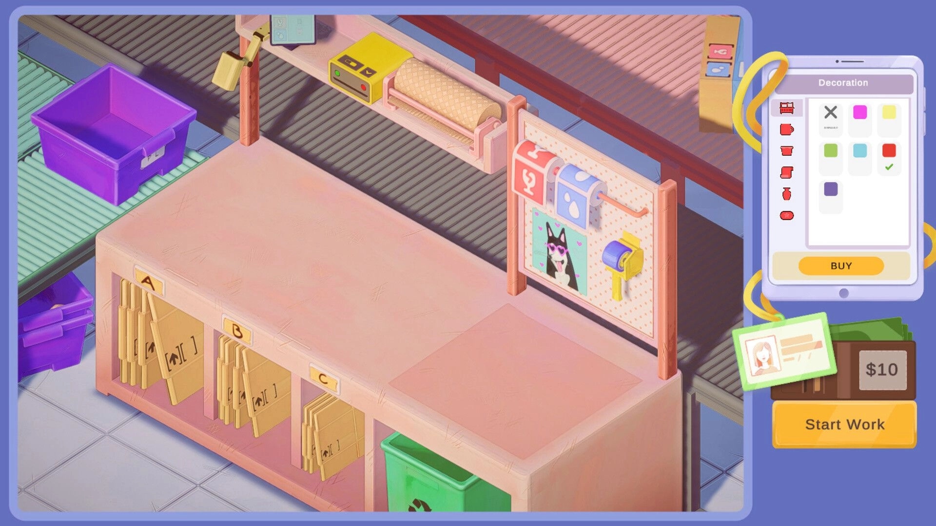 Packing Life: Warehouse packing station with decoration menu and purple crate on conveyor belt