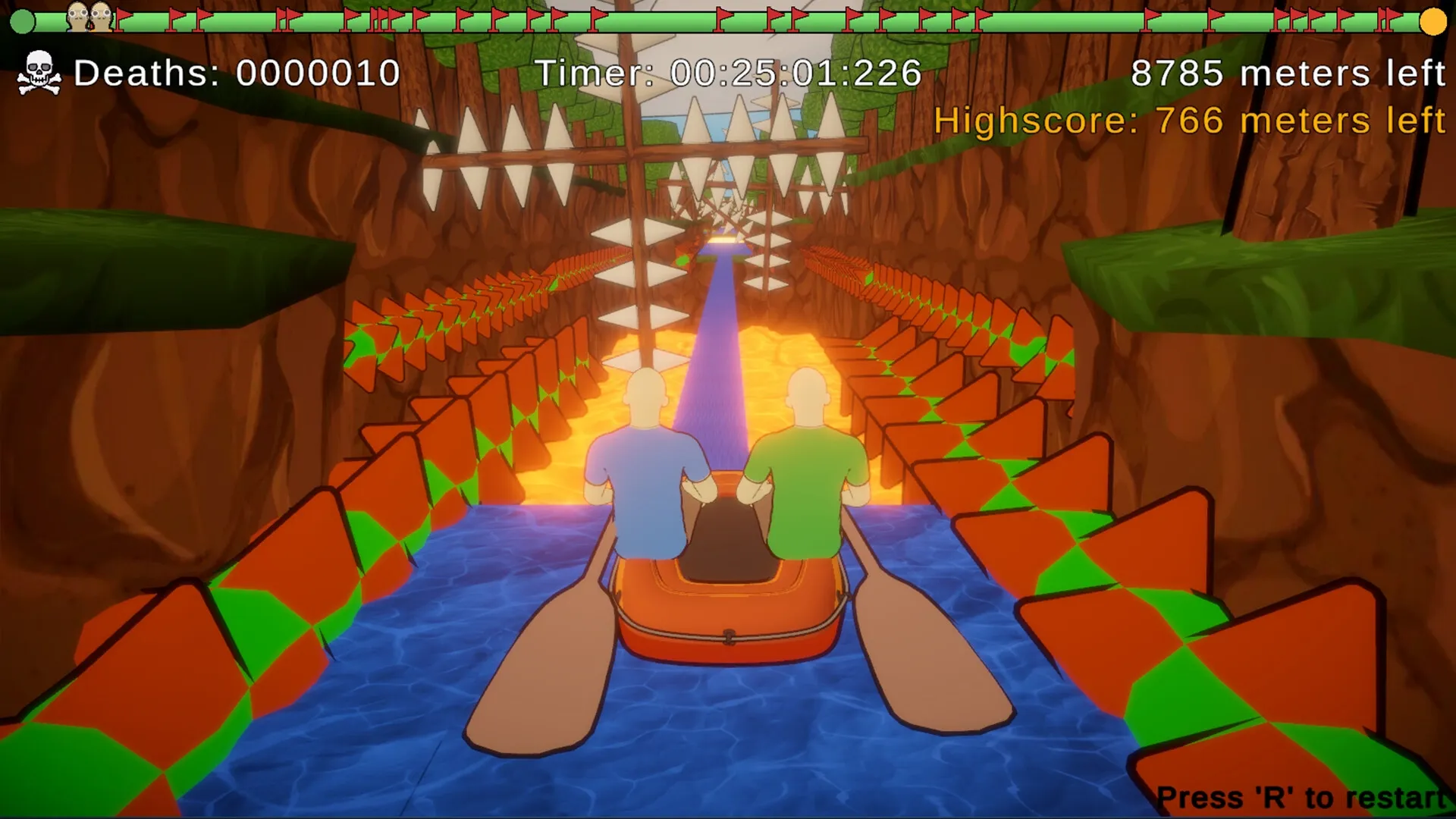 Paddle Paddle Paddle: Two players navigate a canoe through obstacle-filled canyon with spike traps