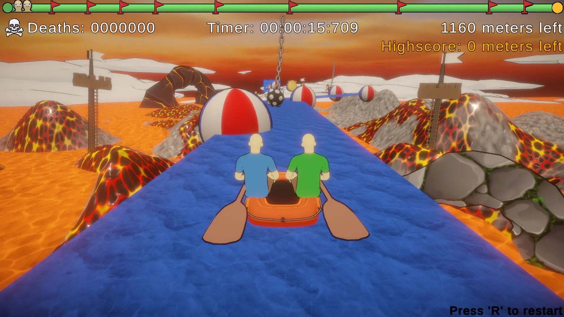Paddle Paddle Paddle: Two players paddle down a blue path dodging obstacles in a lava-filled landscape