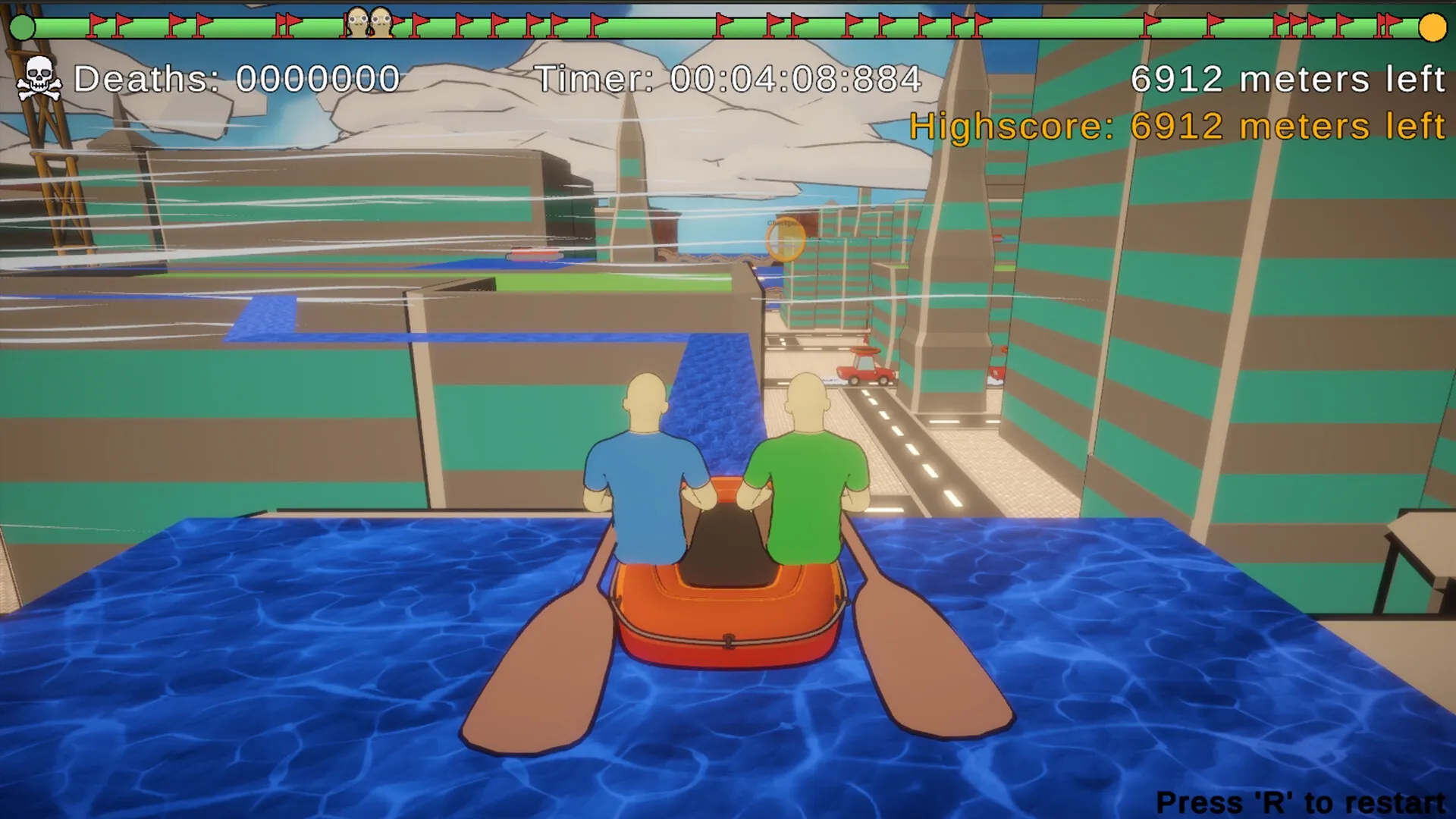 Paddle Paddle Paddle: Two players paddling a boat through a cityscape with water paths and timer UI