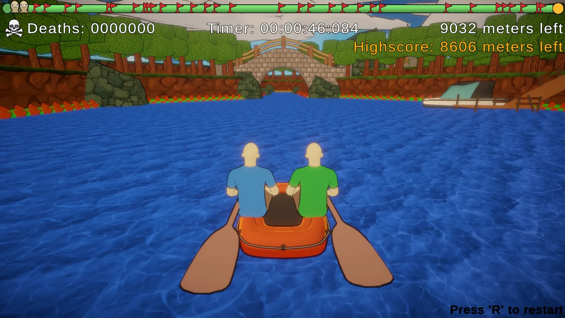 Paddle Paddle Paddle: Two players paddling a boat on a river, navigating through a forested area.
