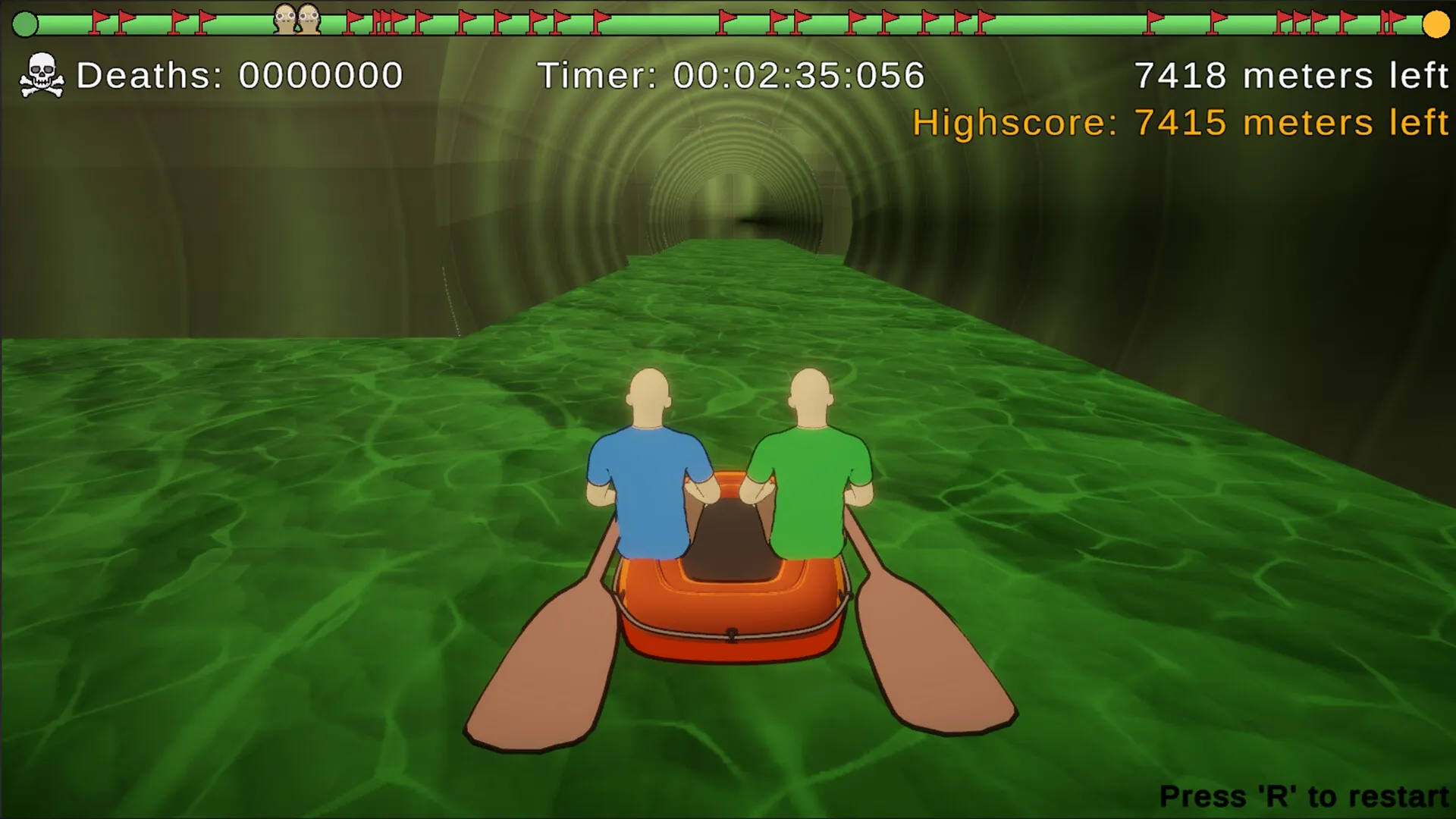 Paddle Paddle Paddle: Two players paddling a raft through a green water tunnel, with timer and score display
