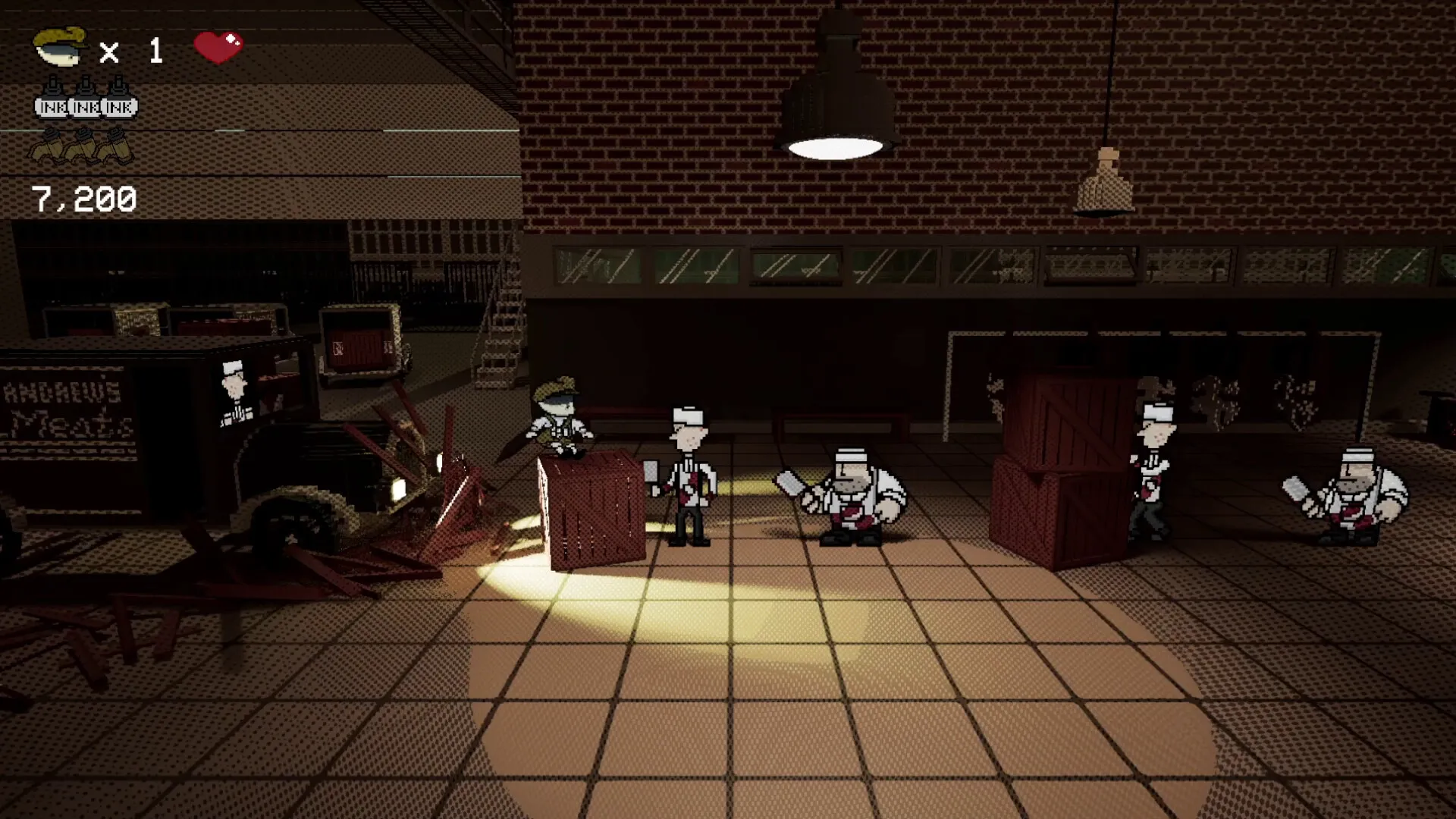 Page Turner: Player character hides behind crates as enemies with cleavers patrol dimly lit warehouse