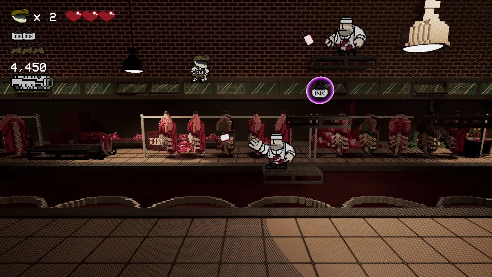 Page Turner: Player navigates a 1920s butcher shop platform, avoiding enemies and collecting ink power-ups.