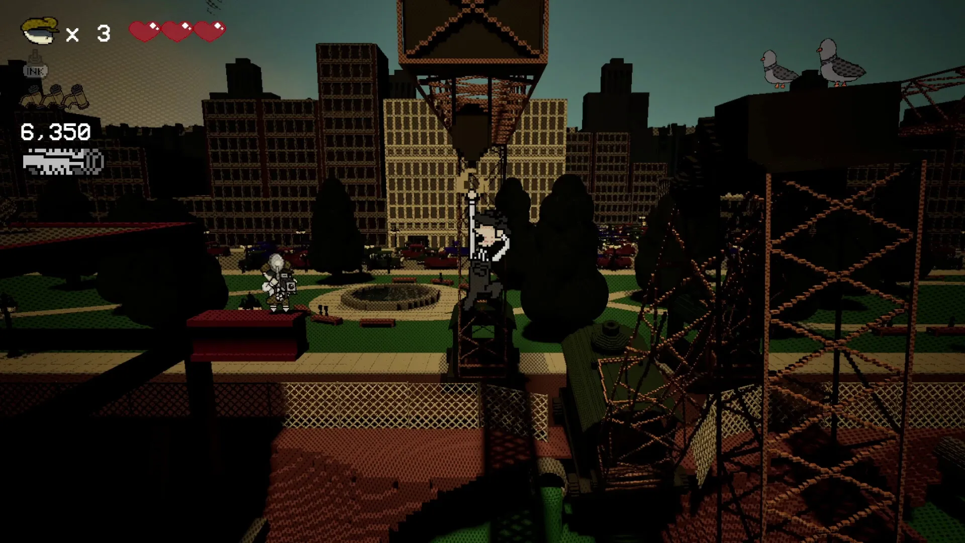 Page Turner: Character climbs tower in 1920s BigCity, UI shows lives and score, pigeons perched nearby