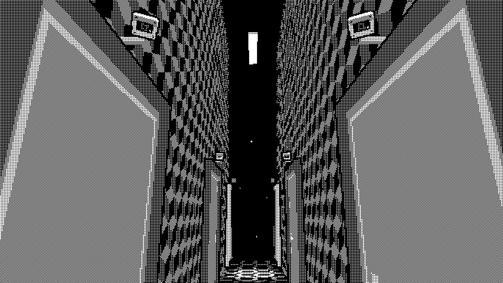 PAGER: Narrow corridor between towering walls in a 1-bit 3D office building, cameras on both sides.