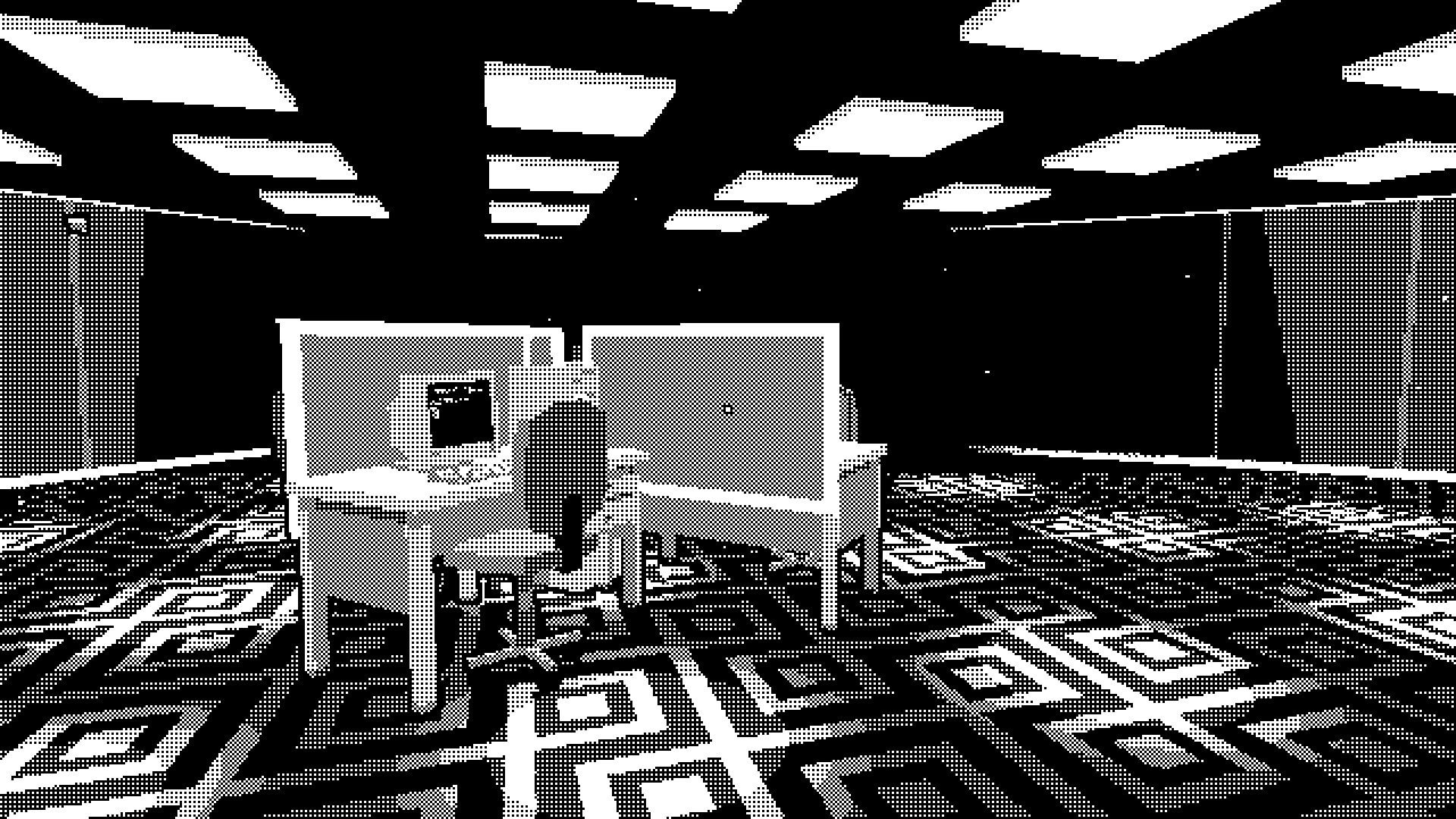 PAGER: Cubicle with old computer and chair in a dimly lit 90s office building with patterned carpet.