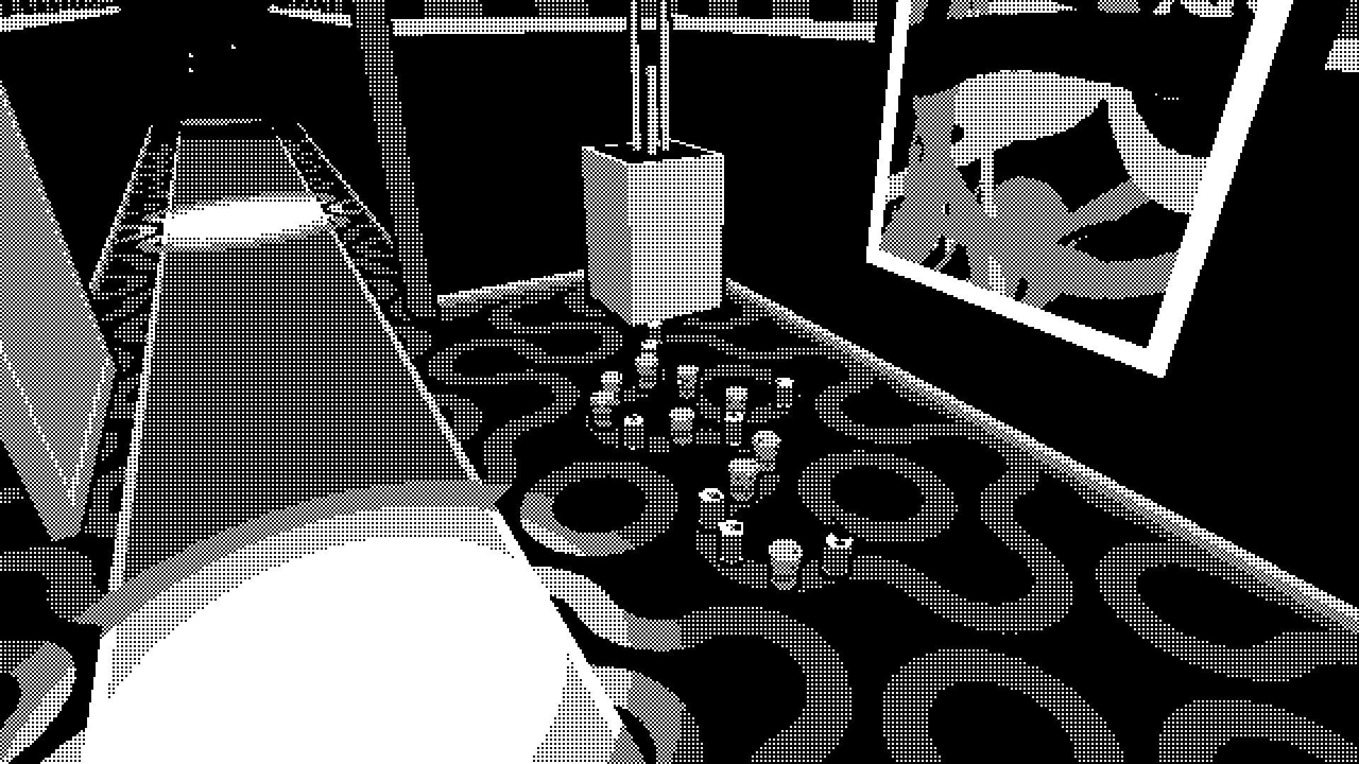 PAGER: Hallway with abstract art on walls, scattered coffee cups, and patterned carpet in dim office building.