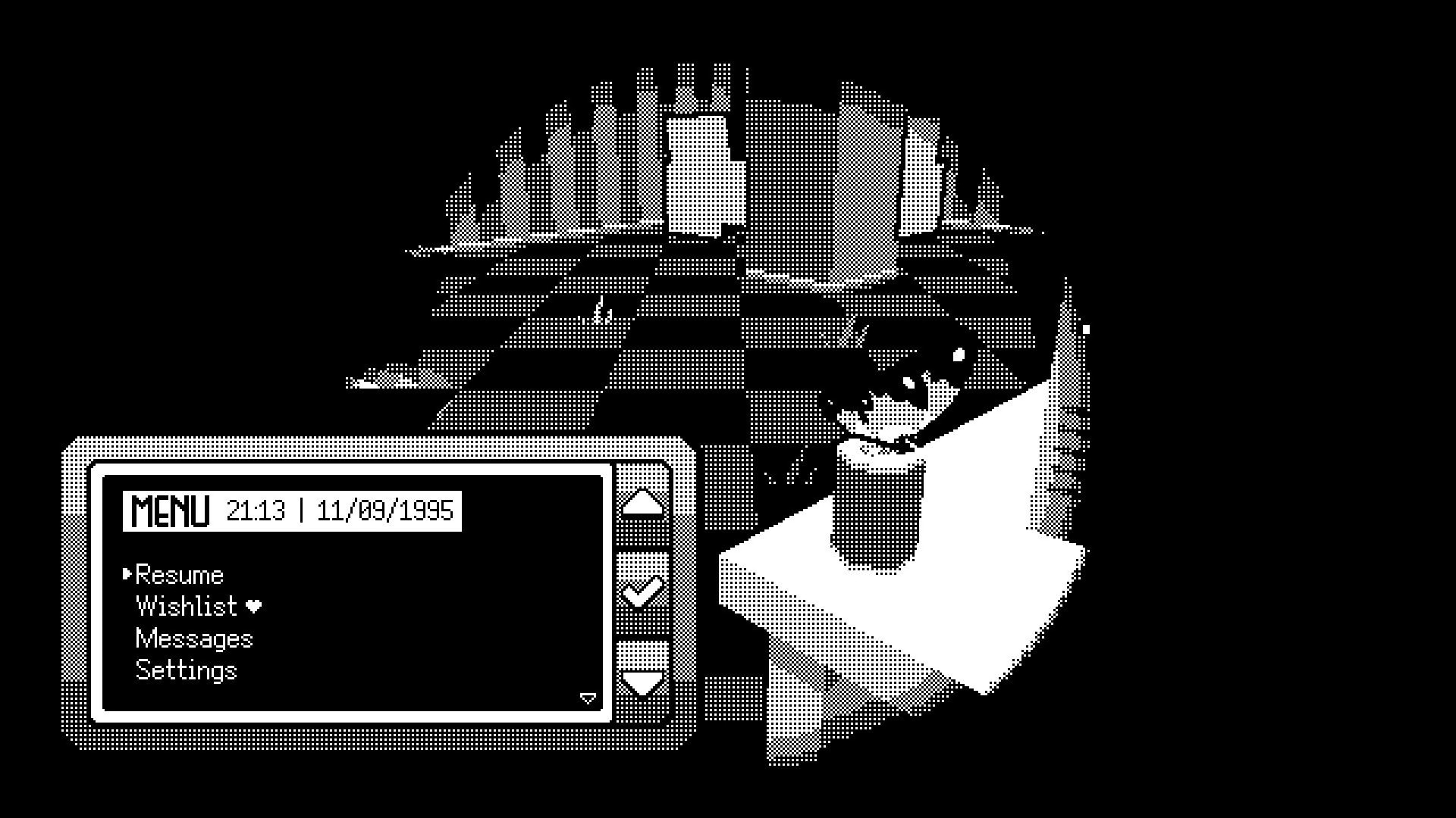 PAGER: Office menu interface with resume, wishlist, and settings options in a 90s horror office setting.