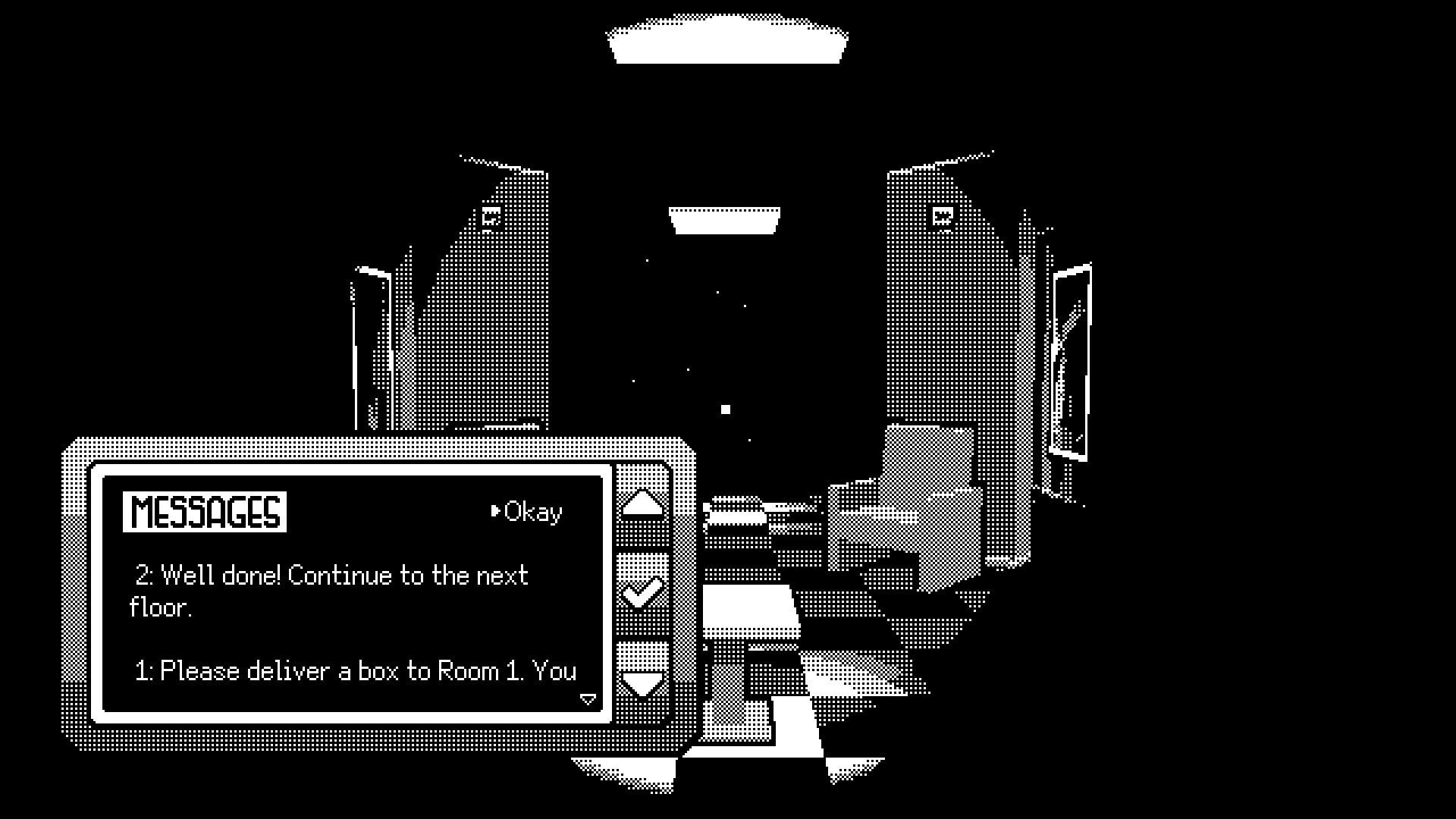 PAGER: Message menu open in a dimly lit 90s office corridor with checkered floor and armchair nearby.