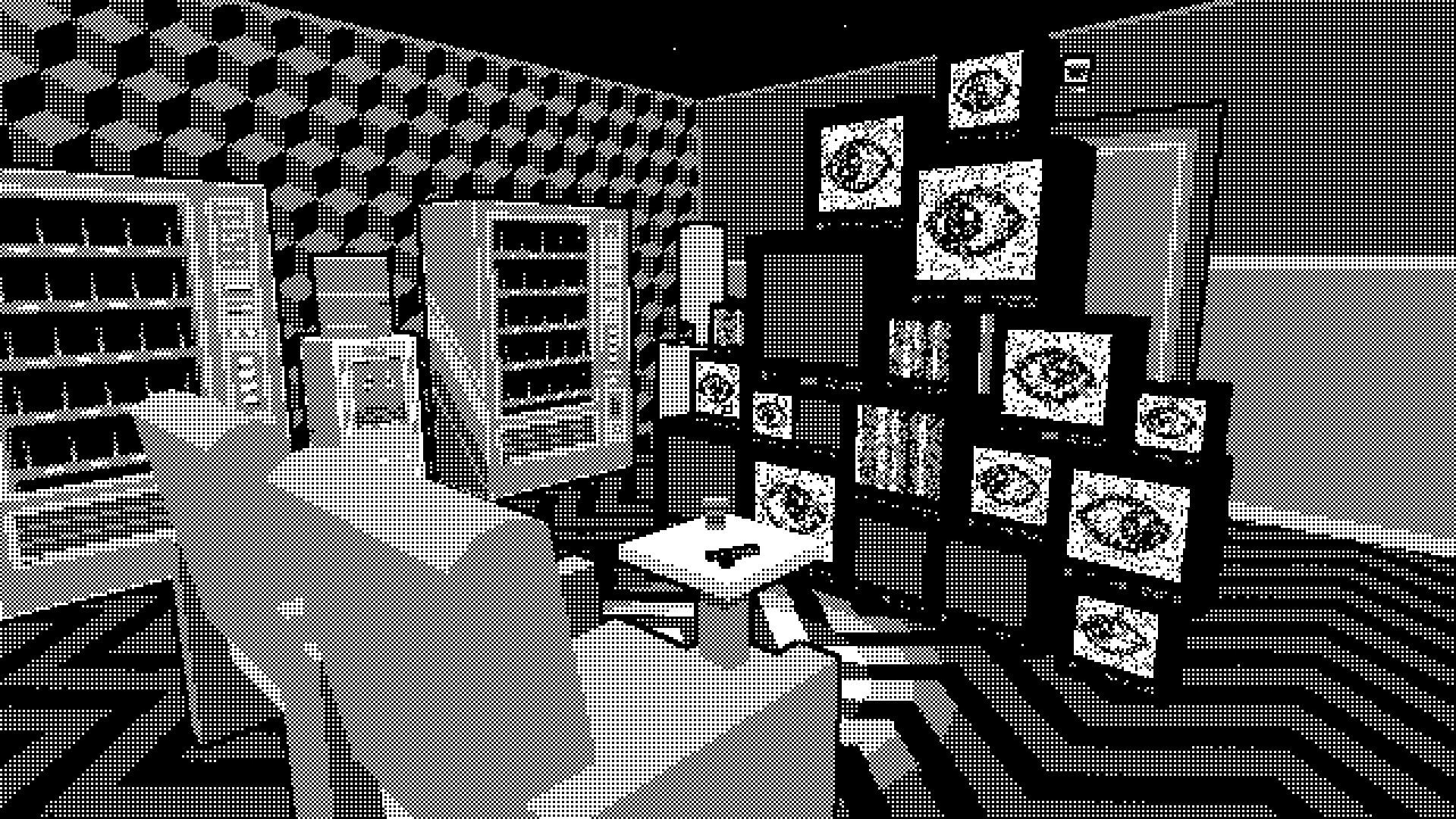 PAGER: Monitors display eye images in a 90s office with vending machines and zigzag patterned floor.