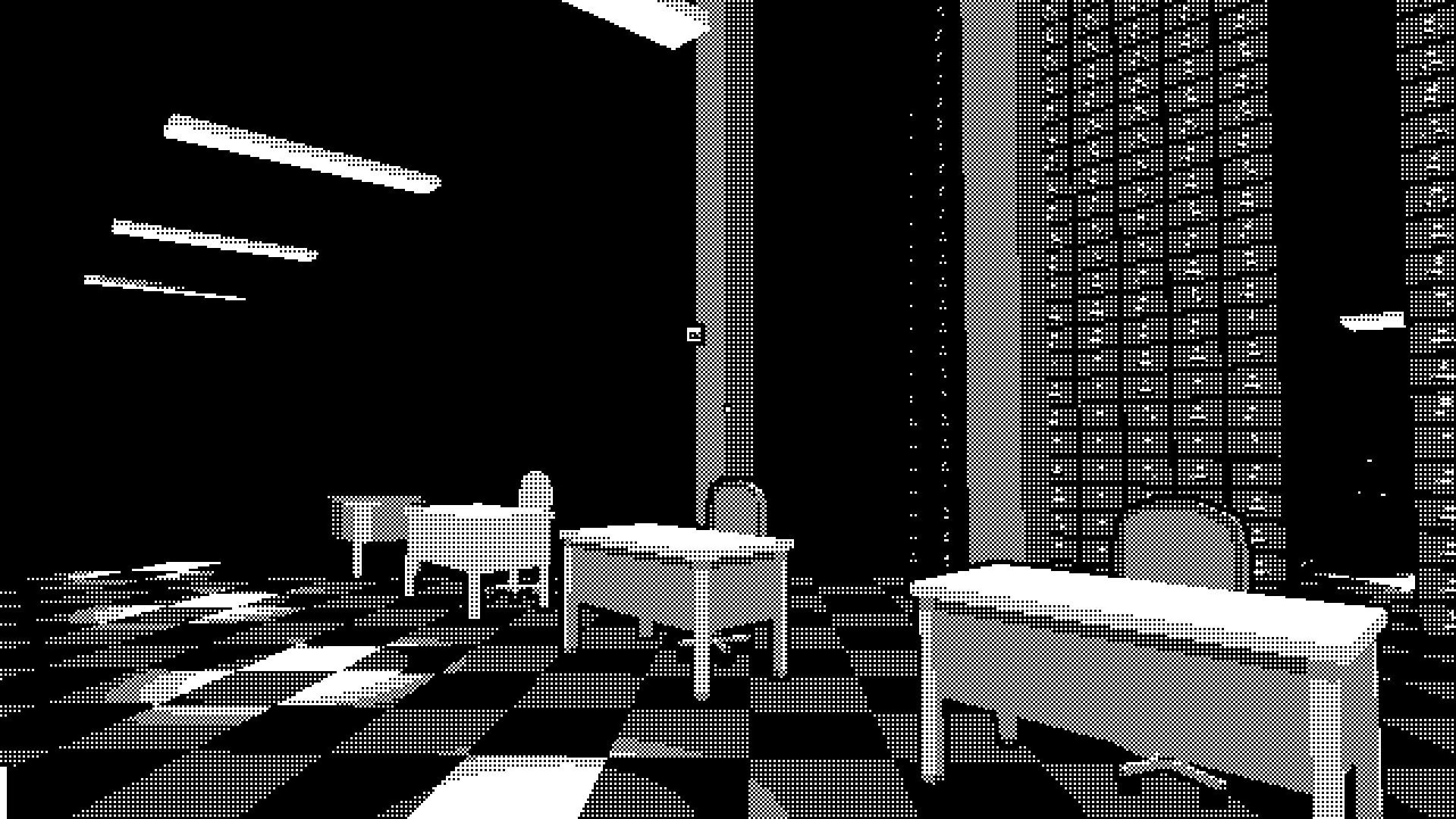PAGER: Empty 90s office with checkered floor and rows of cubicles, lit by overhead fluorescent lights.
