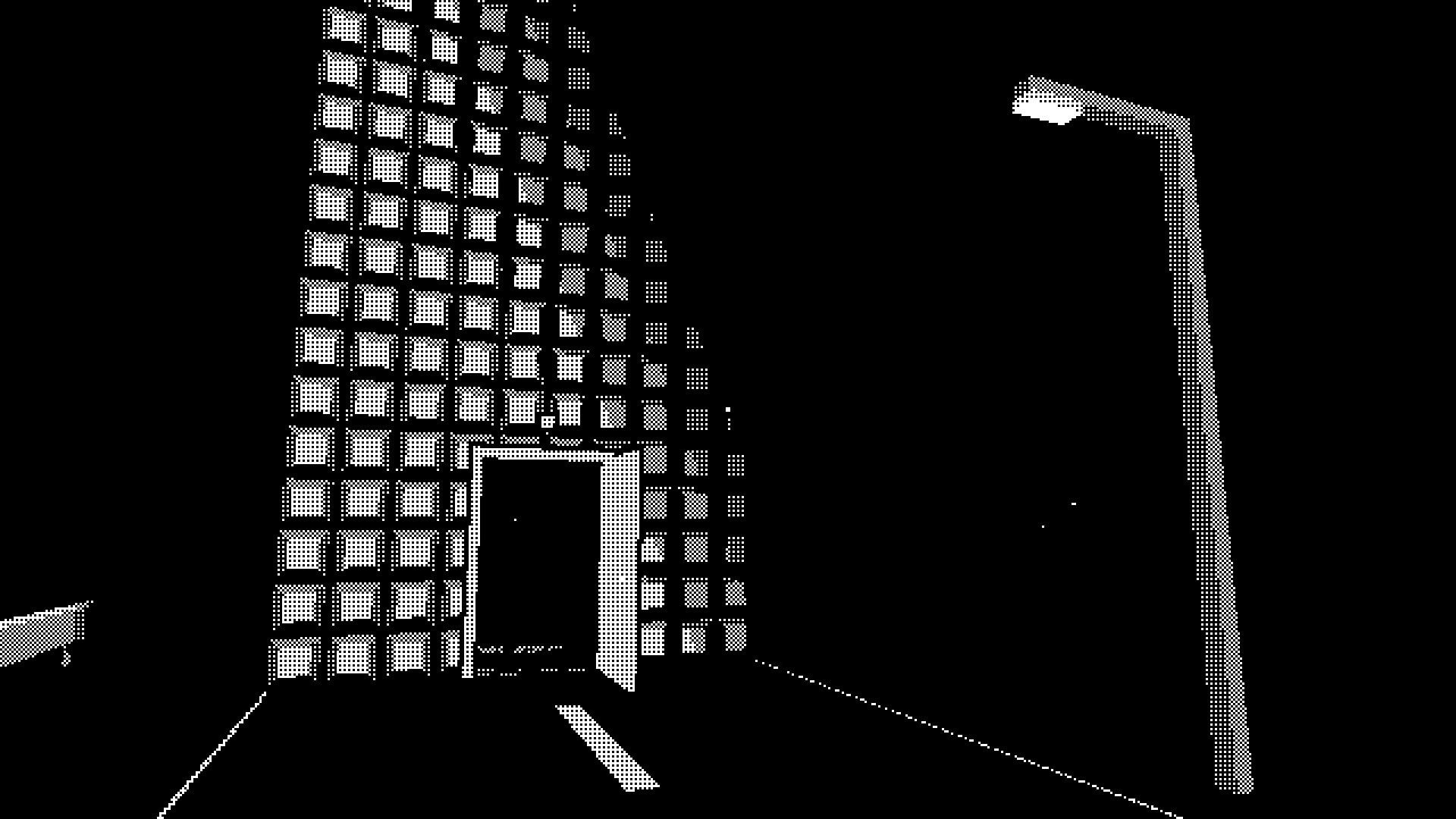 PAGER: Dimly lit corridor with open door and streetlamp casting shadows in a 90s office building.