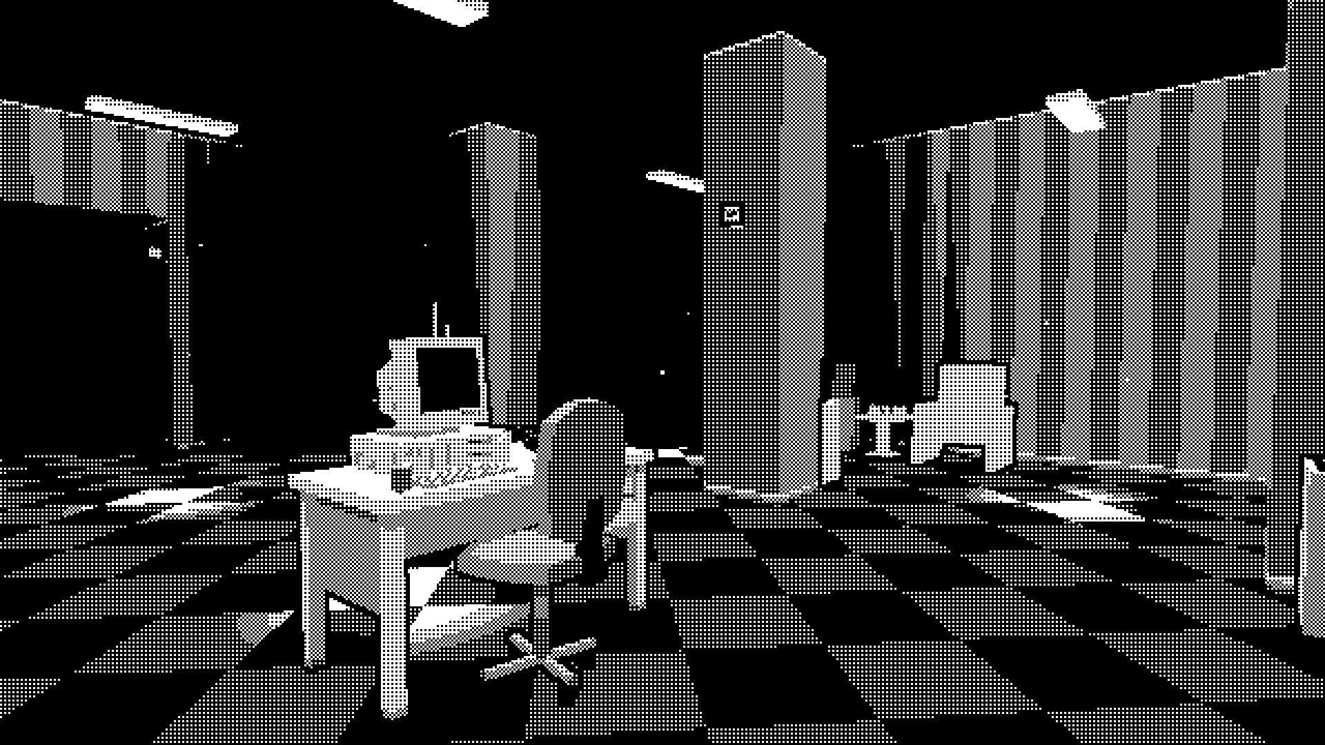 PAGER: Empty 90s office with a CRT monitor and swivel chair on checkered floor under dim lighting