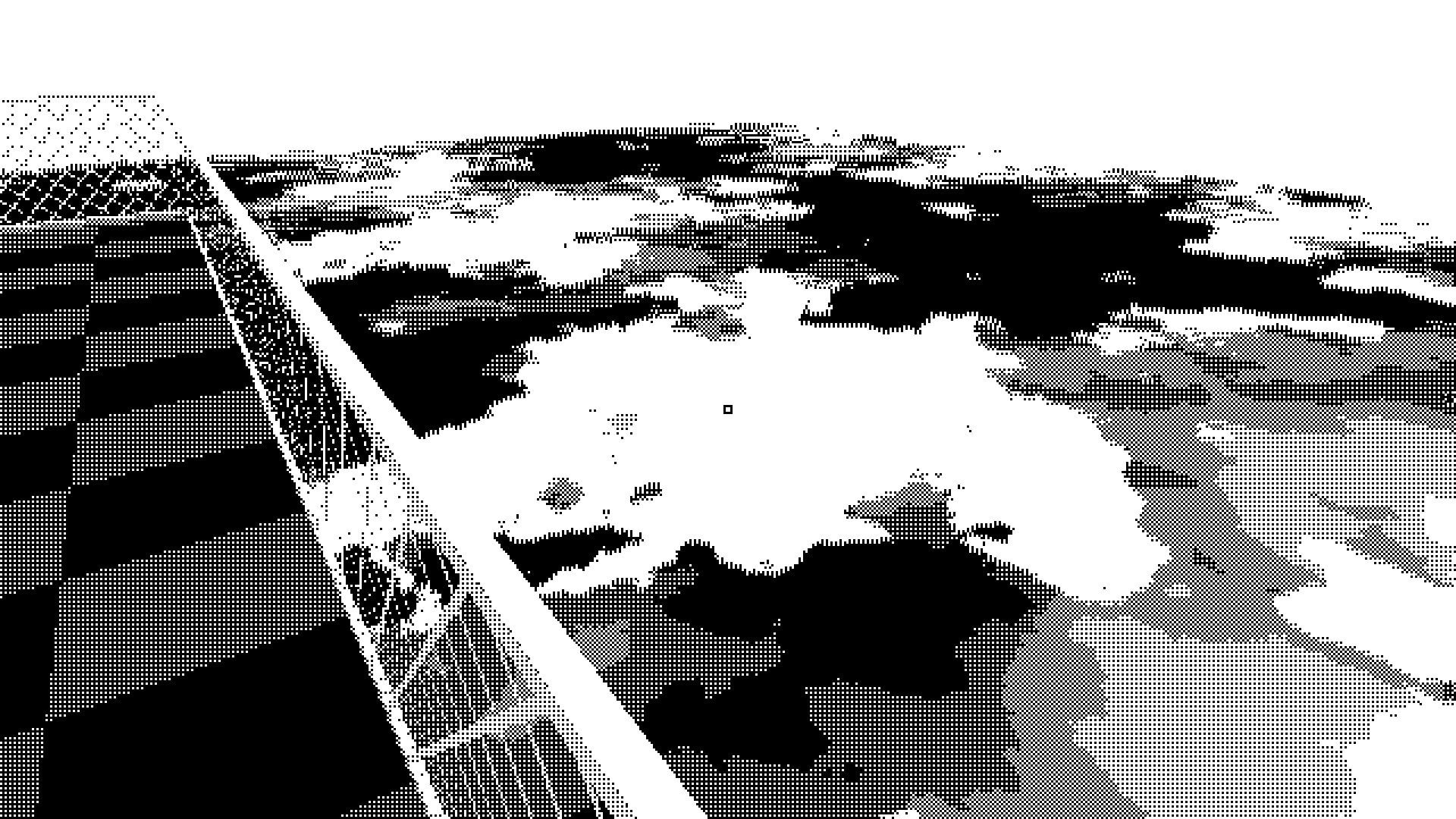 PAGER: Rooftop view over a foggy landscape, seen from a fenced walkway in a 90s office building.