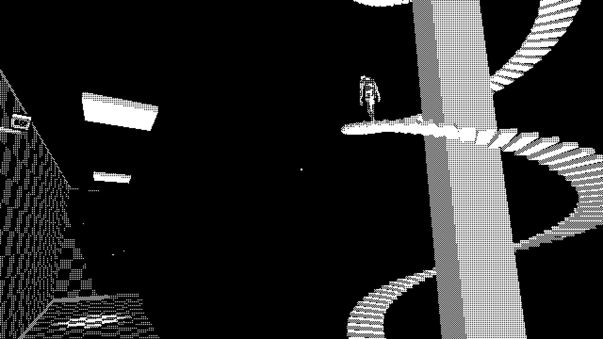 PAGER: Character ascending a spiral staircase in a dimly lit 90s office building hallway