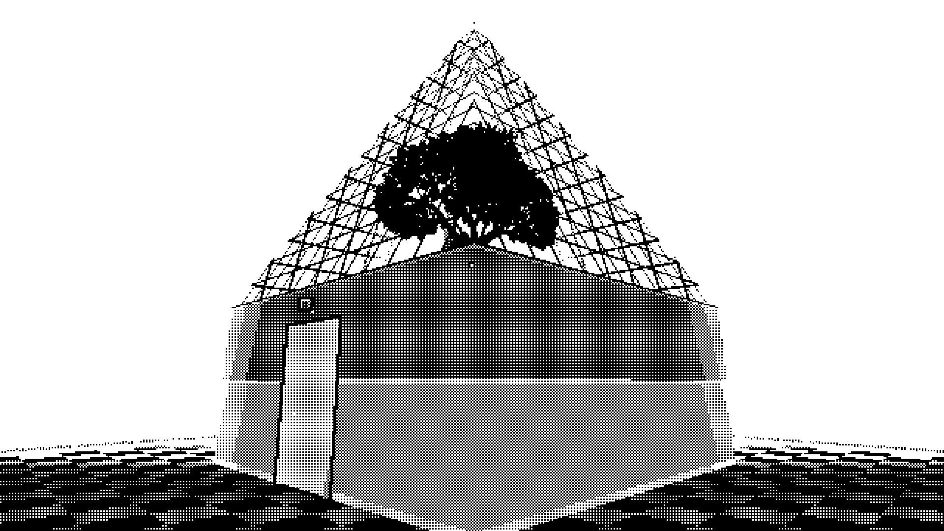 PAGER: Pyramid-shaped atrium with a tree inside, beside a closed door labeled "B" in checkered hallway.
