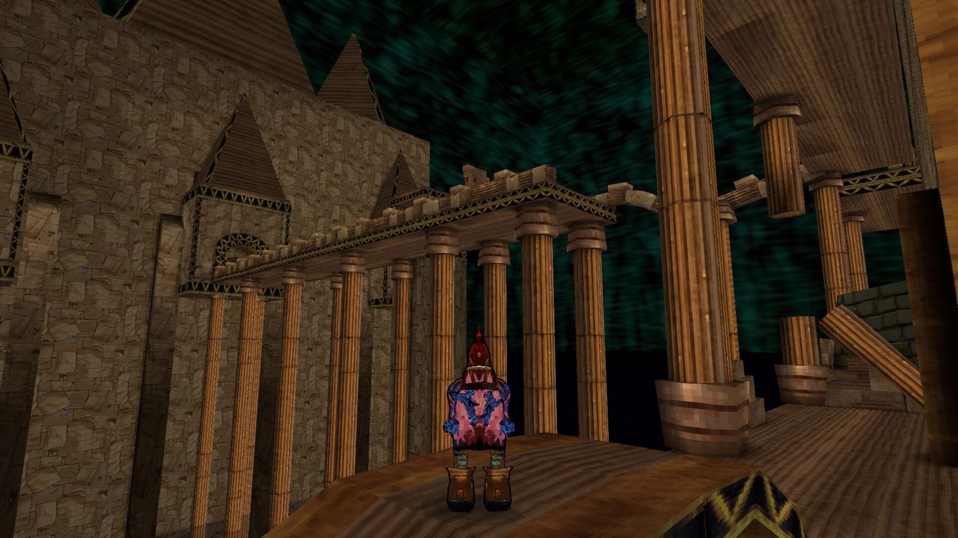Pain-Hatching: Character exploring ancient stone temple with towering columns and dark sky backdrop