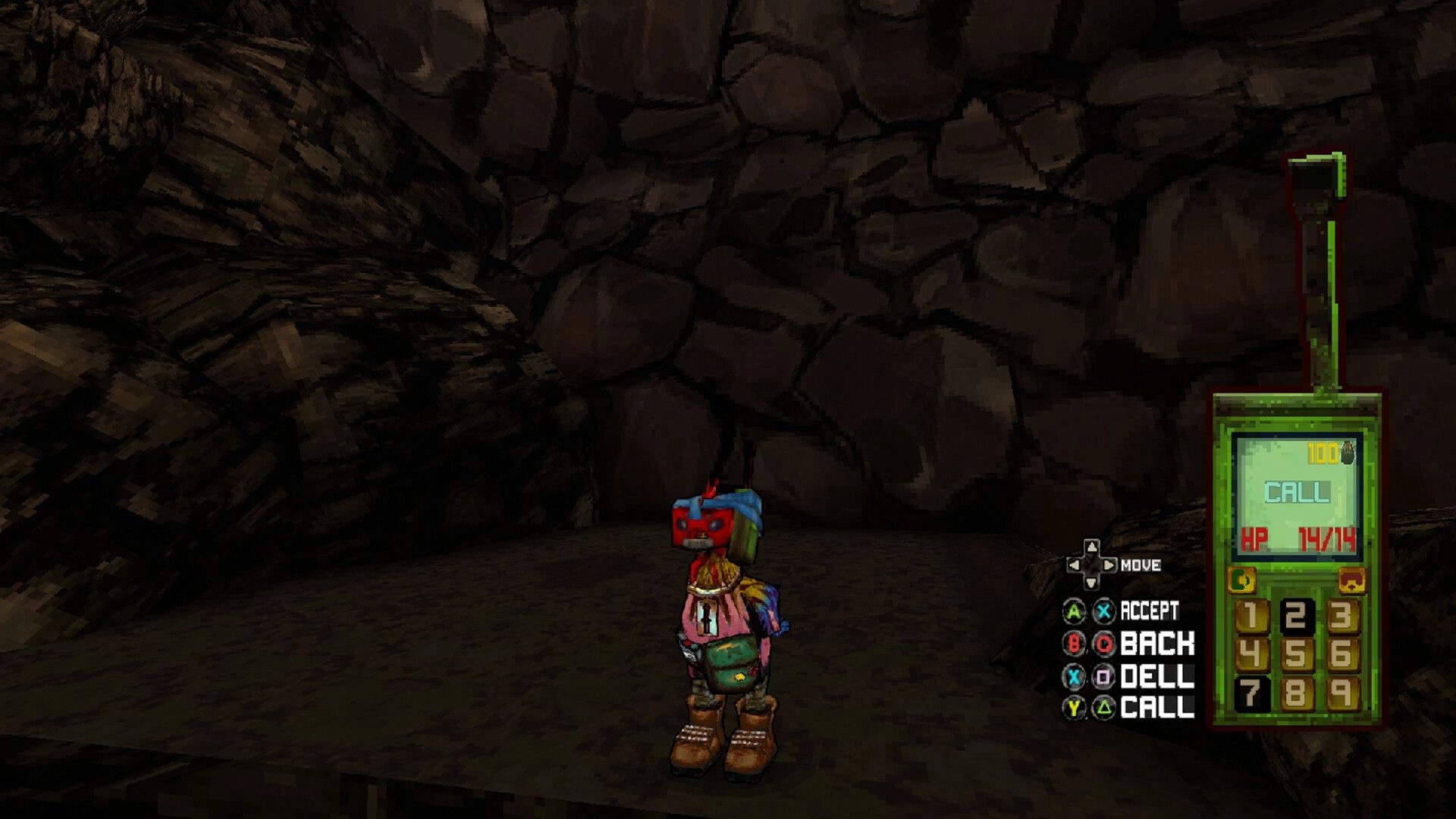Pain-Hatching: Character in vibrant attire stands in a rocky cave with a UI showing a phone and controls.