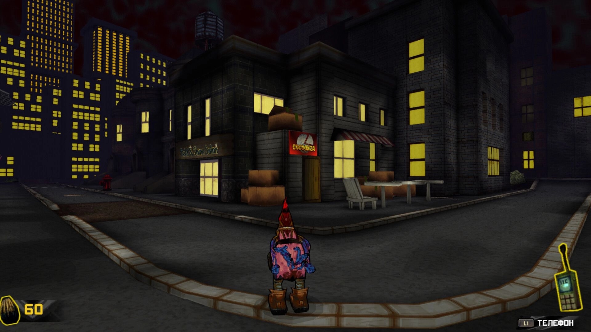 Pain-Hatching: Character in colorful outfit exploring a dimly lit urban street with glowing windows