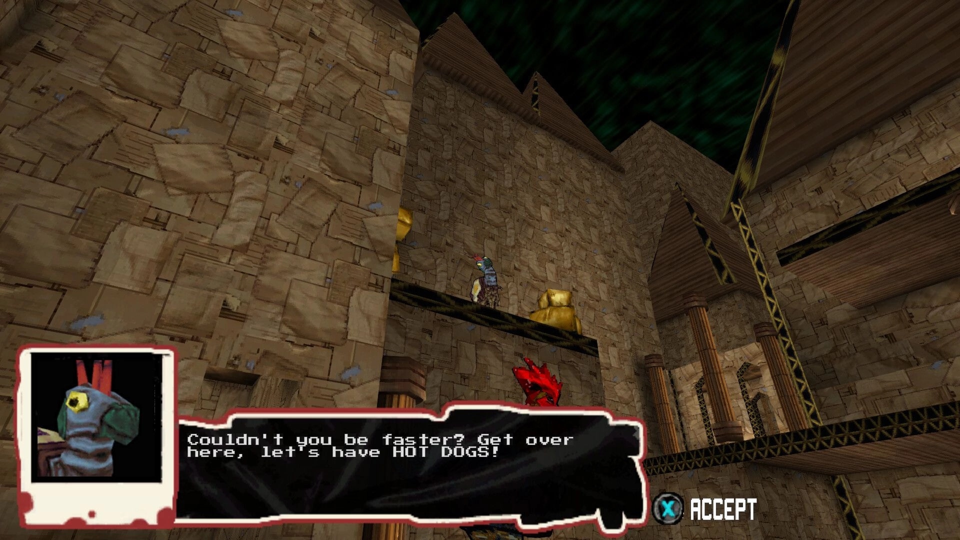 Pain-Hatching: Character on a castle ledge with dialogue box saying, "Couldn't you be faster?"