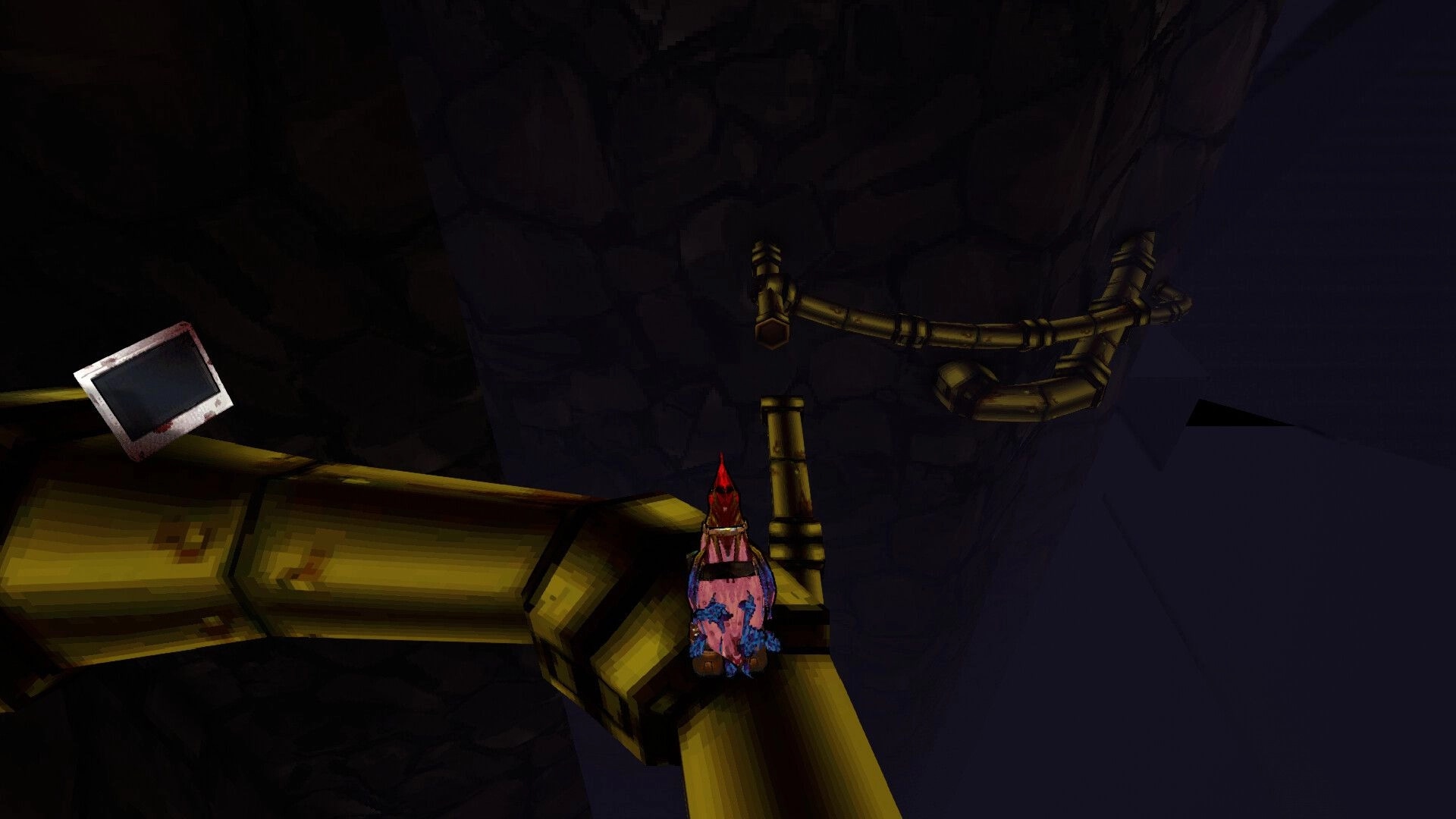 Pain-Hatching: Character navigating golden pipes in a dark cavern with a floating screen nearby
