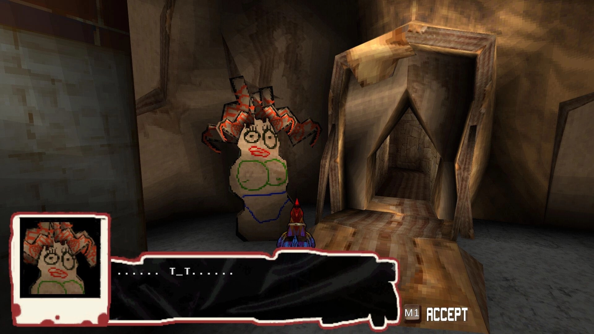Pain-Hatching: Player encounters quirky wall character in dimly lit cave with dialogue options below.