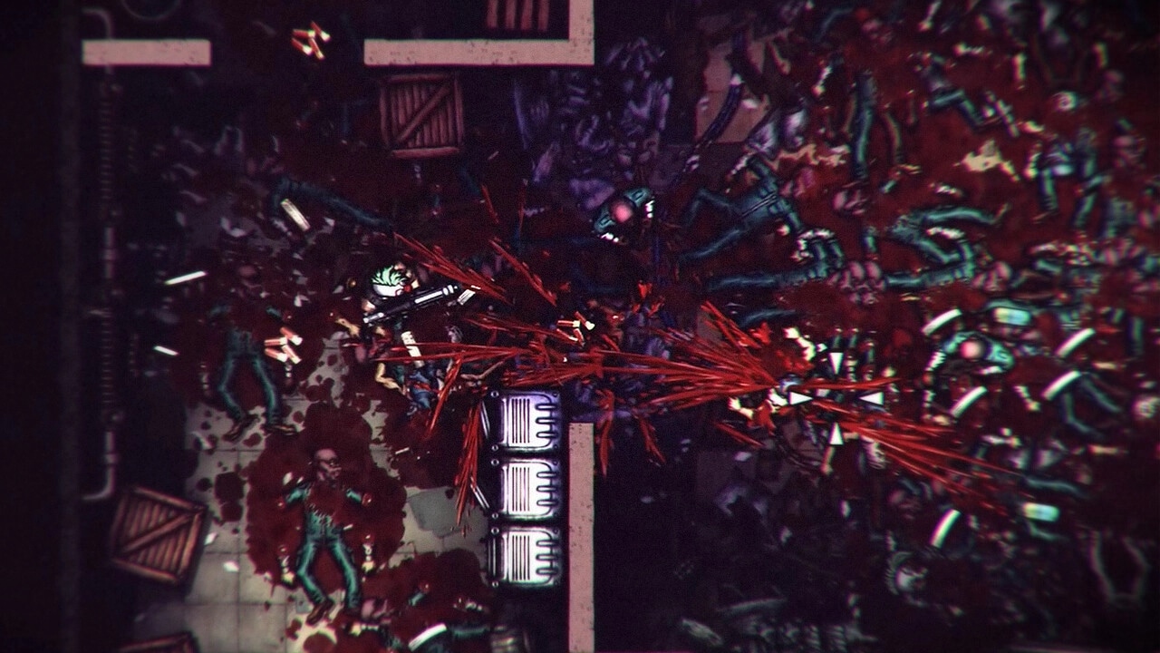 PAIN-TO-WIN: Player character shooting enemies amid blood and debris in a chaotic, dimly lit room.