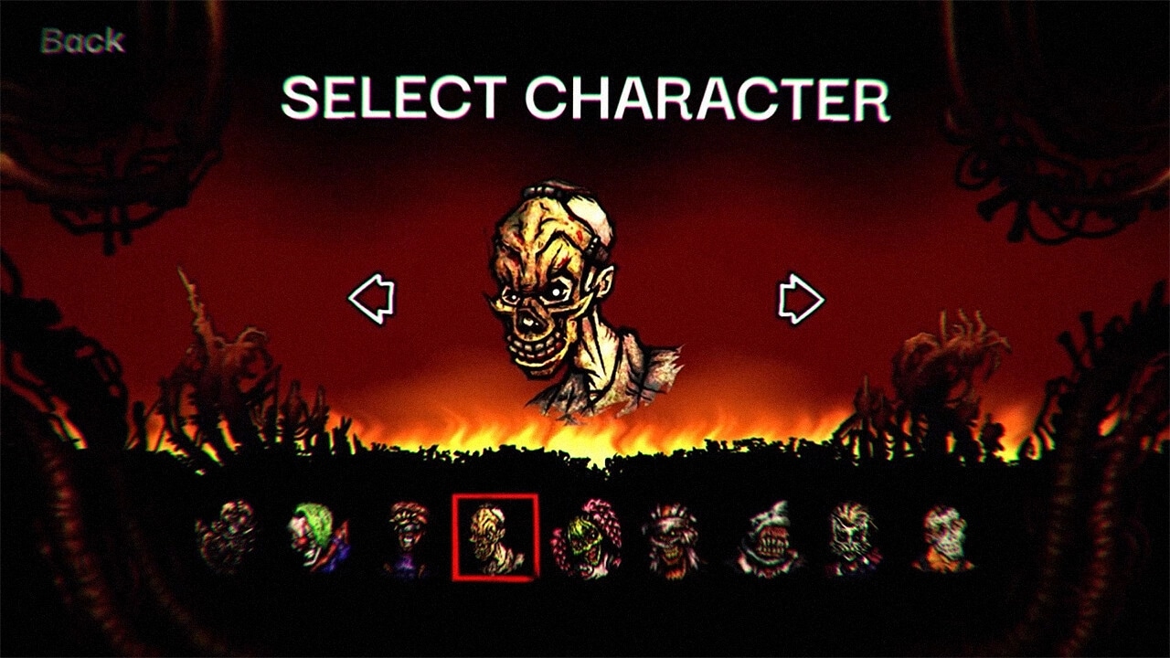 PAIN-TO-WIN: Character selection screen with grotesque avatars in a fiery, sinister environment.
