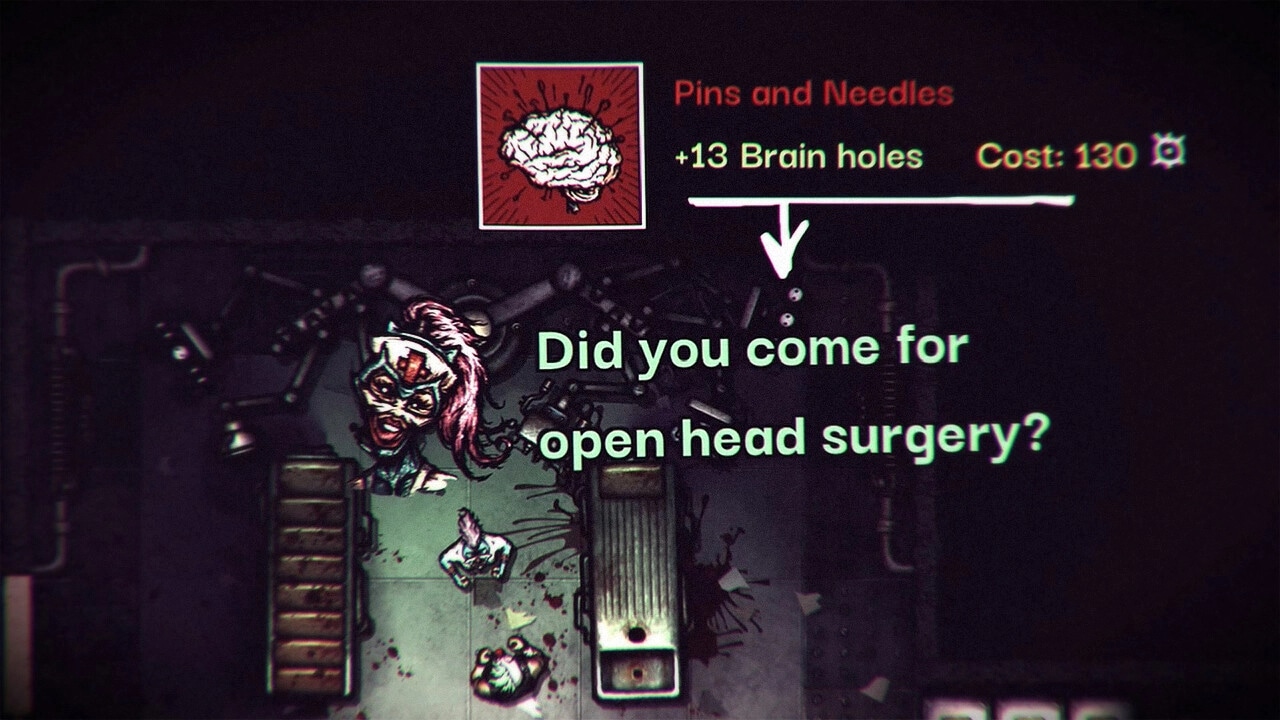 PAIN-TO-WIN: Character in surgical mask taunts with message in blood-stained operating room.