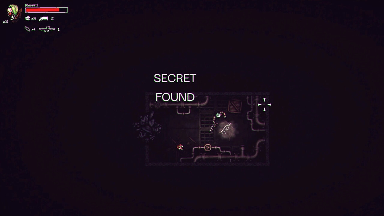 PAIN-TO-WIN: Player 1 discovers a secret in a dark, grimy room with pipes and debris scattered around.