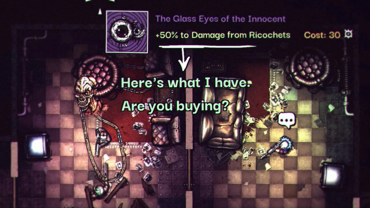 PAIN-TO-WIN: Creepy merchant offers item with bonus damage in a cluttered room with blood-stained floors.