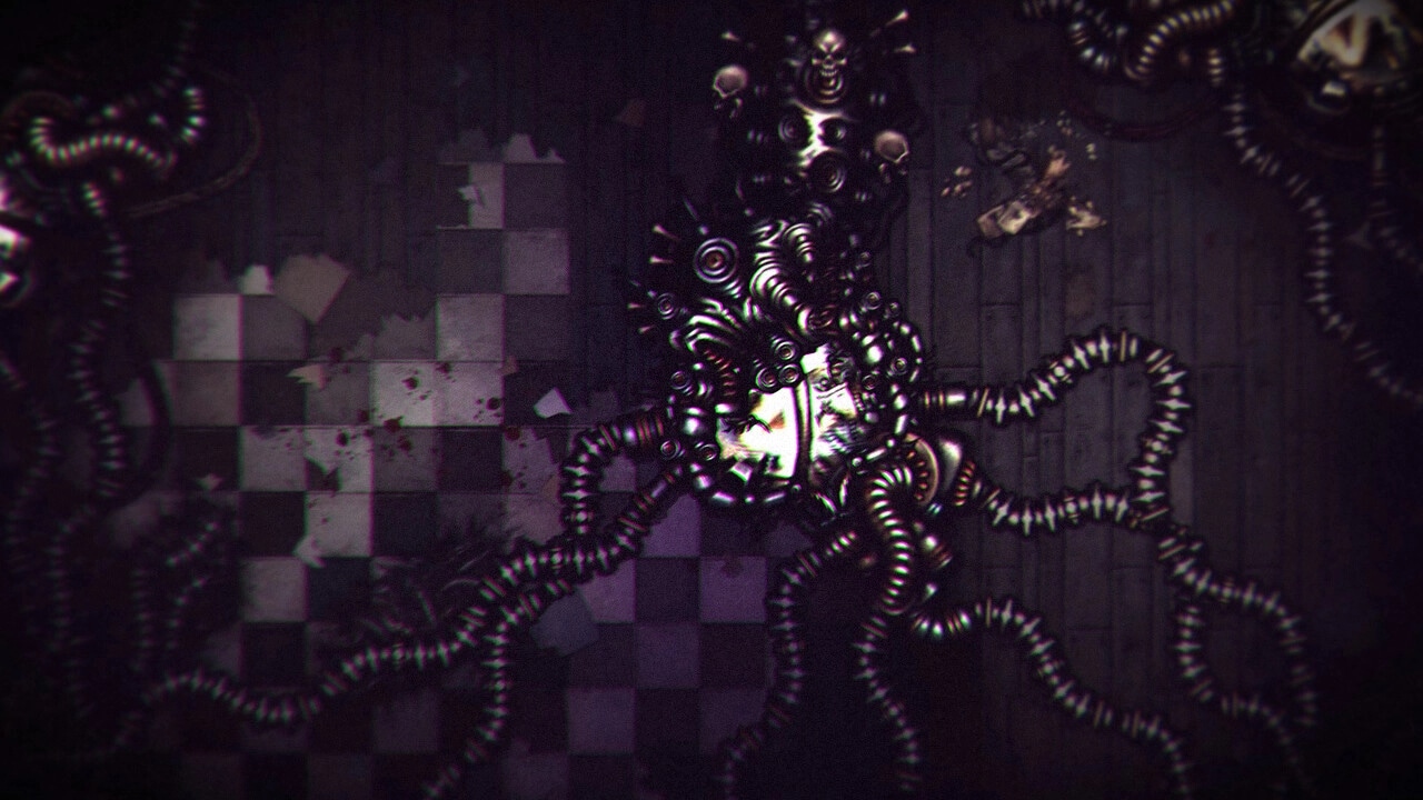 PAIN-TO-WIN: Twisted machine with tentacles in a dark, grimy environment with blood-stained tiles.