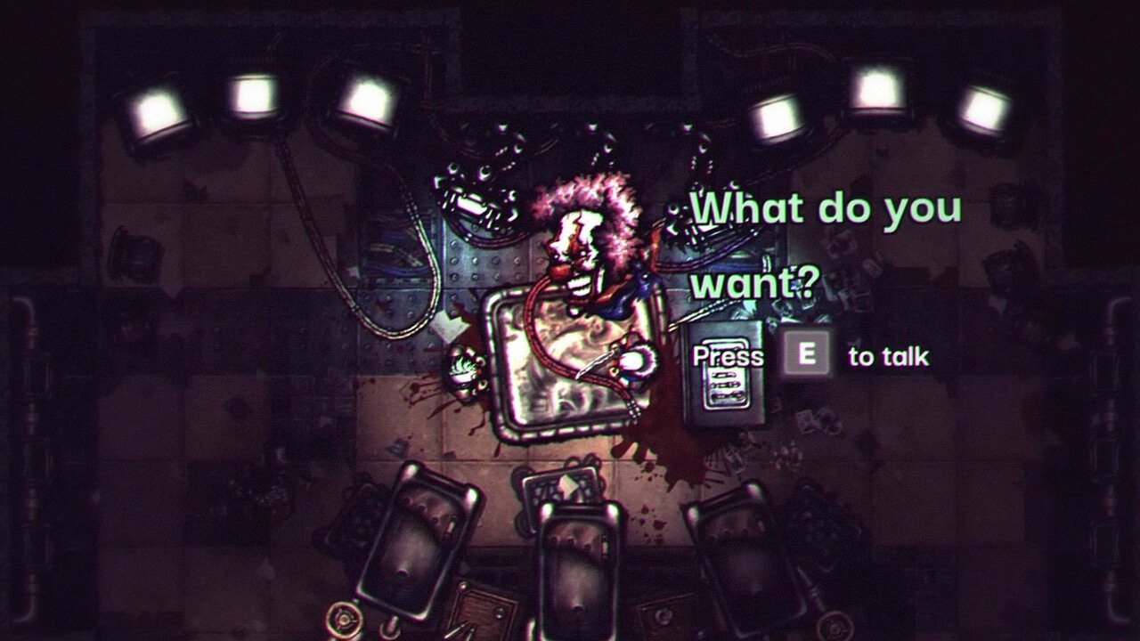 PAIN-TO-WIN: Interact with severed head in grimy lab, prompt says "Press E to talk"