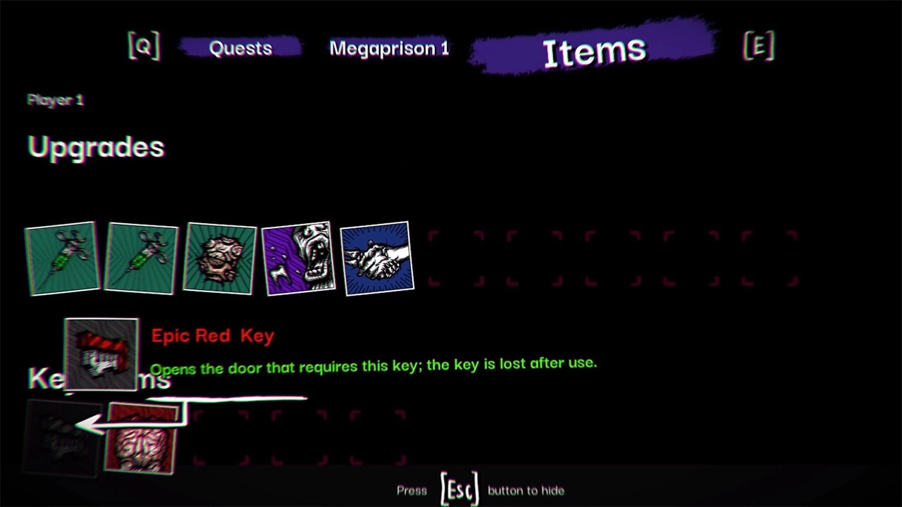 PAIN-TO-WIN: Player inventory menu displaying upgrades and the Epic Red Key in a dark interface setting.