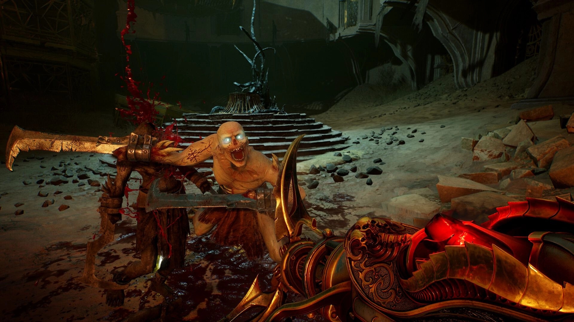Painkiller: Player in combat with demonic creature using ornate weapon in dark, cavernous environment