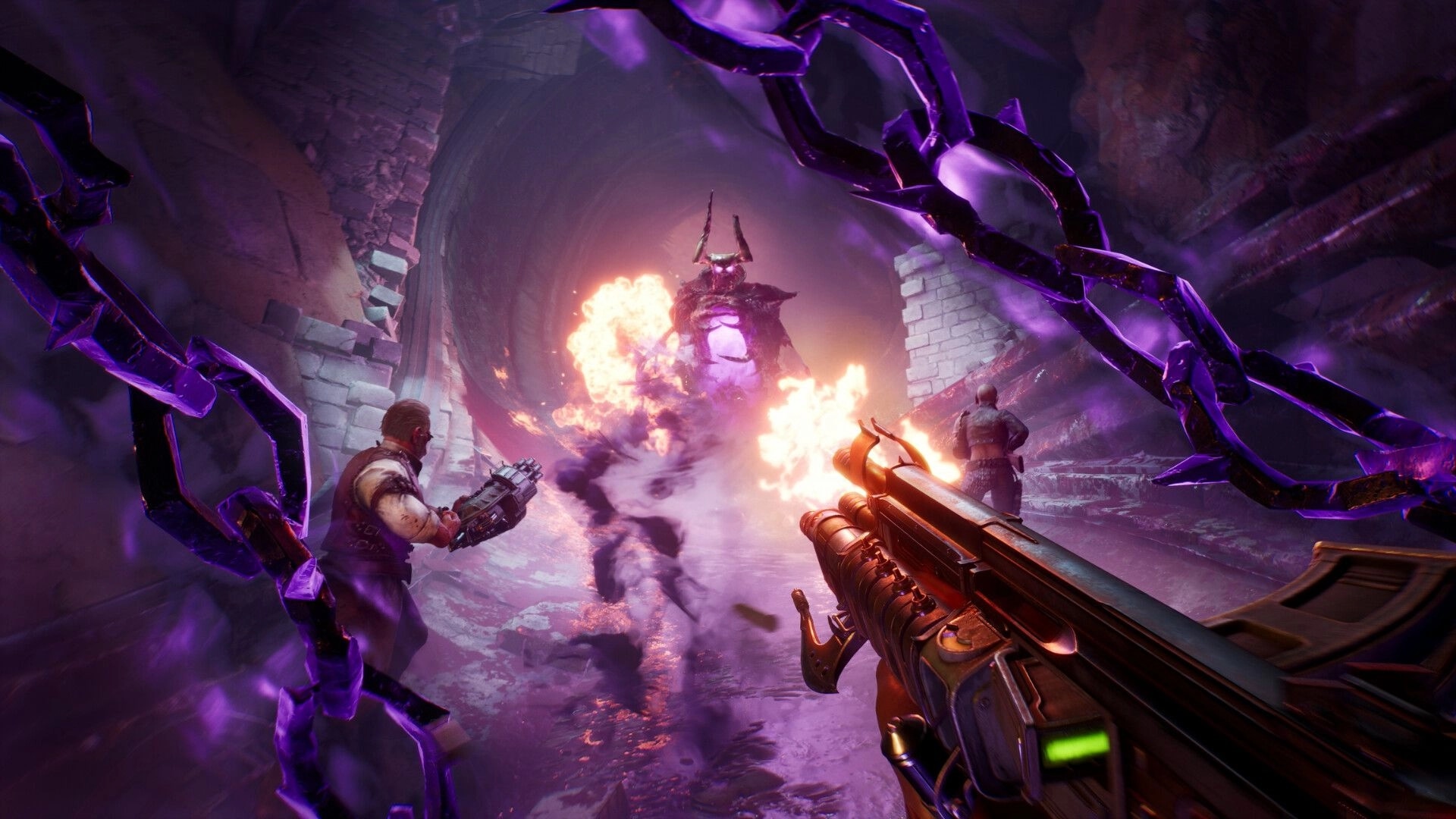 Painkiller: Players engage in fiery combat against a massive demon in a dark, crumbling tunnel